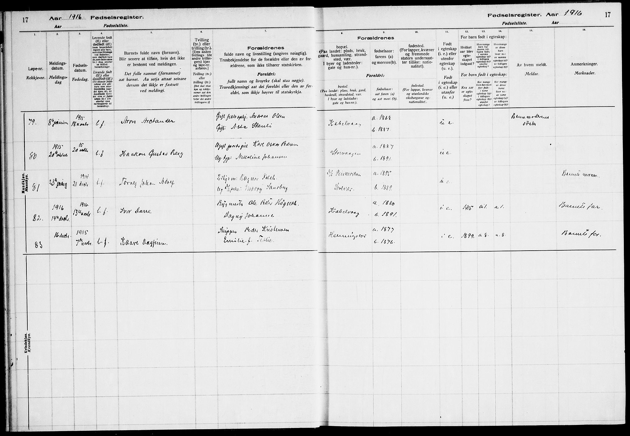 Ministerialprotokoller, klokkerbøker og fødselsregistre - Nordland, SAT/A-1459/874/L1089: Fødselsregister nr. 874.II.4.1, 1916-1926, s. 17