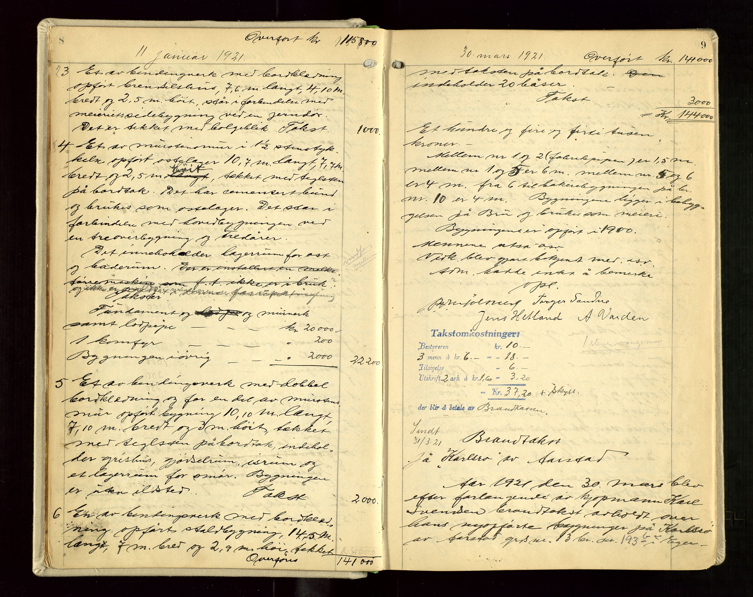 Eigersund lensmannskontor, AV/SAST-A-100171/Goa/L0005: "Branntakstprotokoll", 1921-1936, s. 8-9