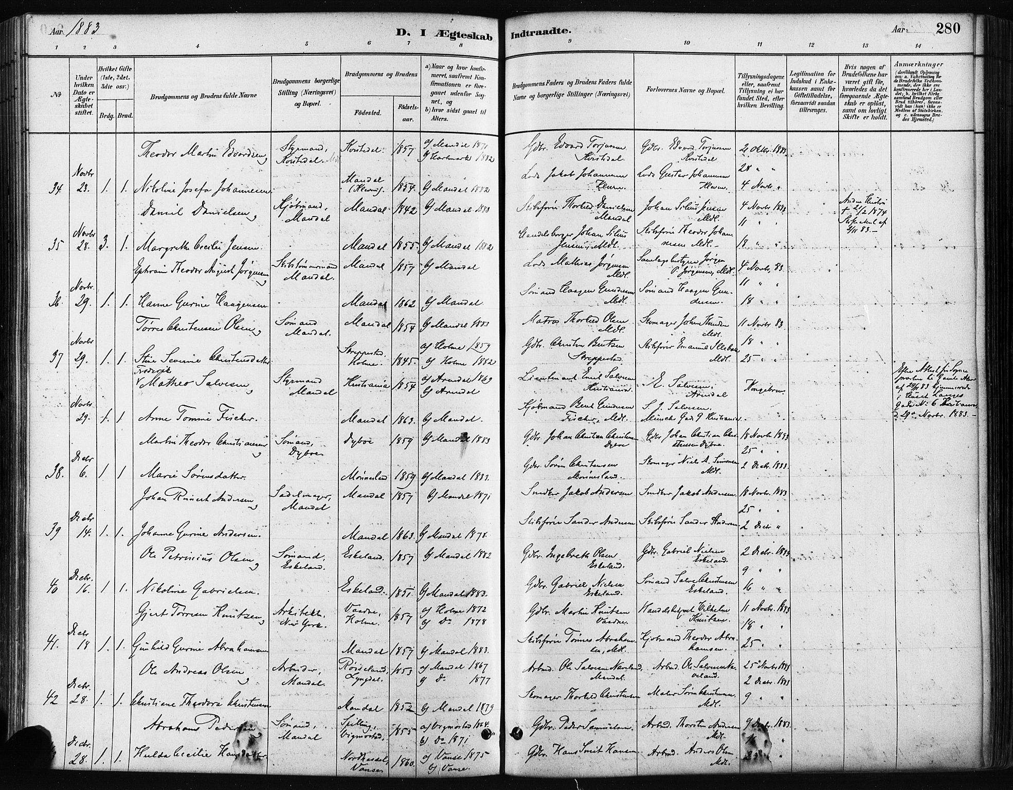 Mandal sokneprestkontor, AV/SAK-1111-0030/F/Fa/Faa/L0016: Ministerialbok nr. A 16, 1880-1890, s. 280
