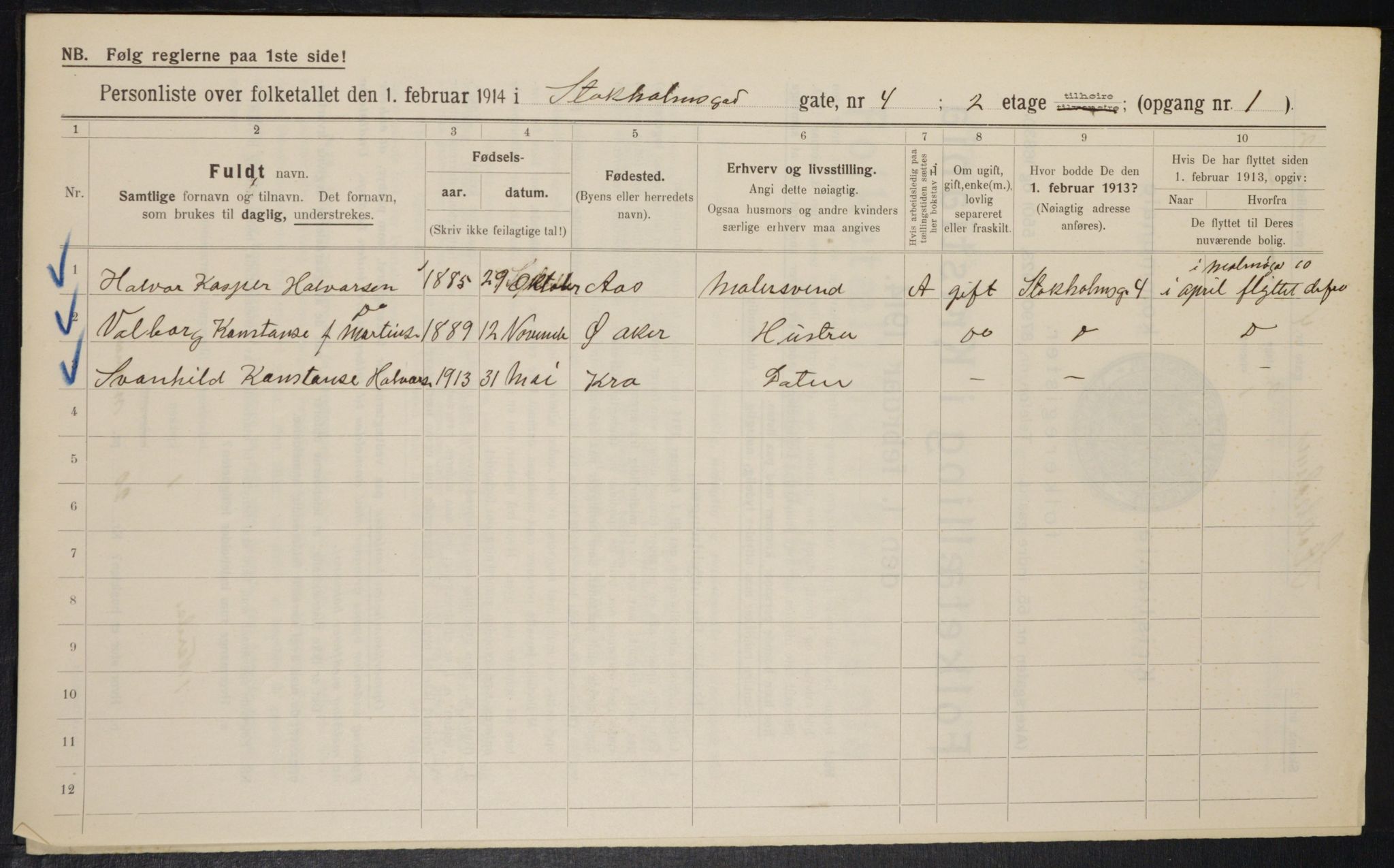 OBA, Kommunal folketelling 1.2.1914 for Kristiania, 1914, s. 103046