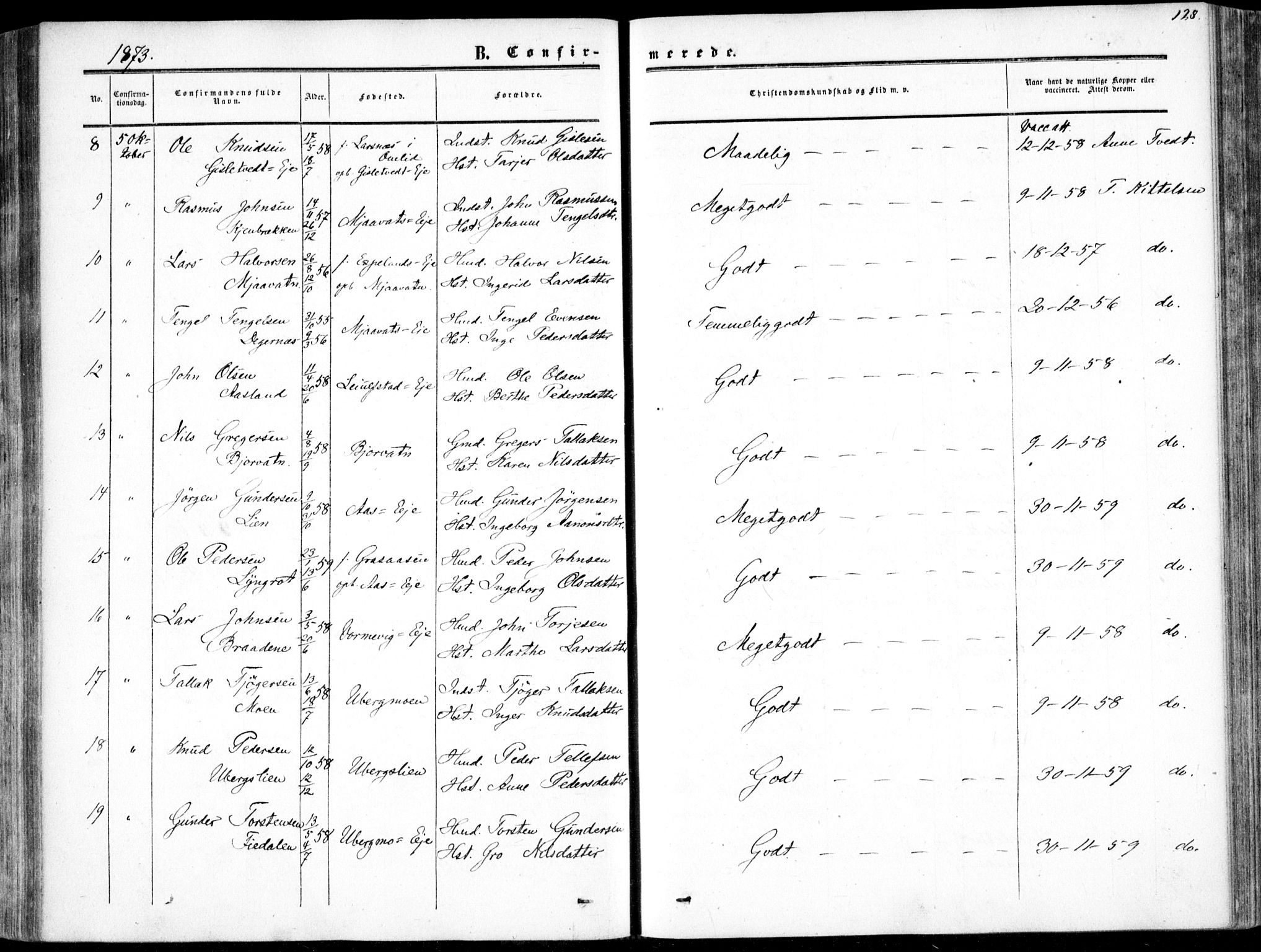 Gjerstad sokneprestkontor, AV/SAK-1111-0014/F/Fa/Fab/L0003: Ministerialbok nr. A 3, 1853-1878, s. 128