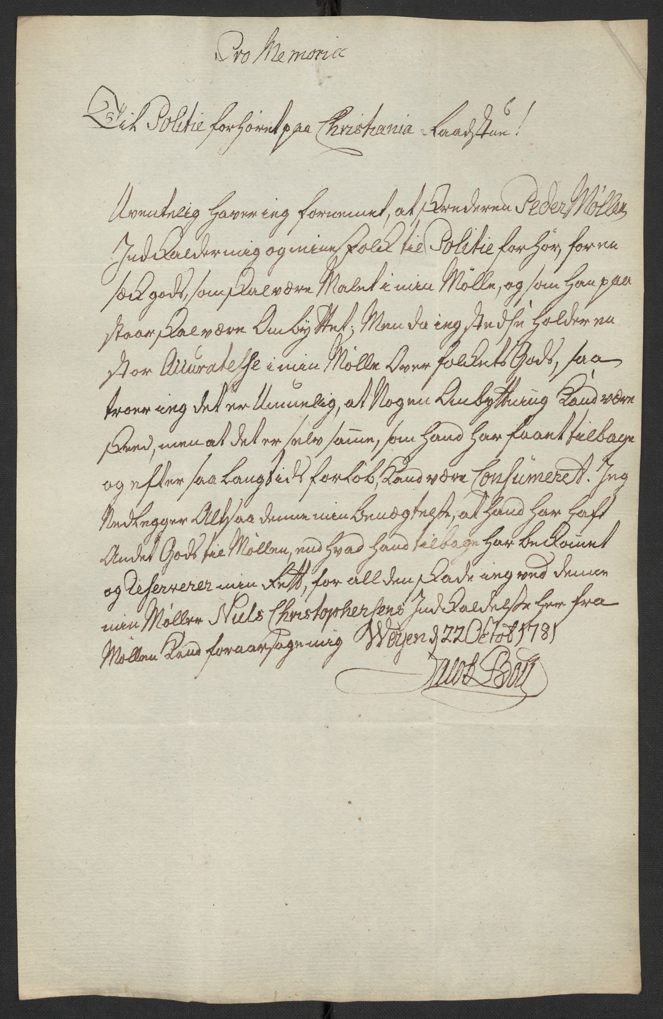 Oslo politidistrikt, AV/SAO-A-10085/D/Da/L0003: Innkomne brev, pro memoria m.v., 1781, s. 129