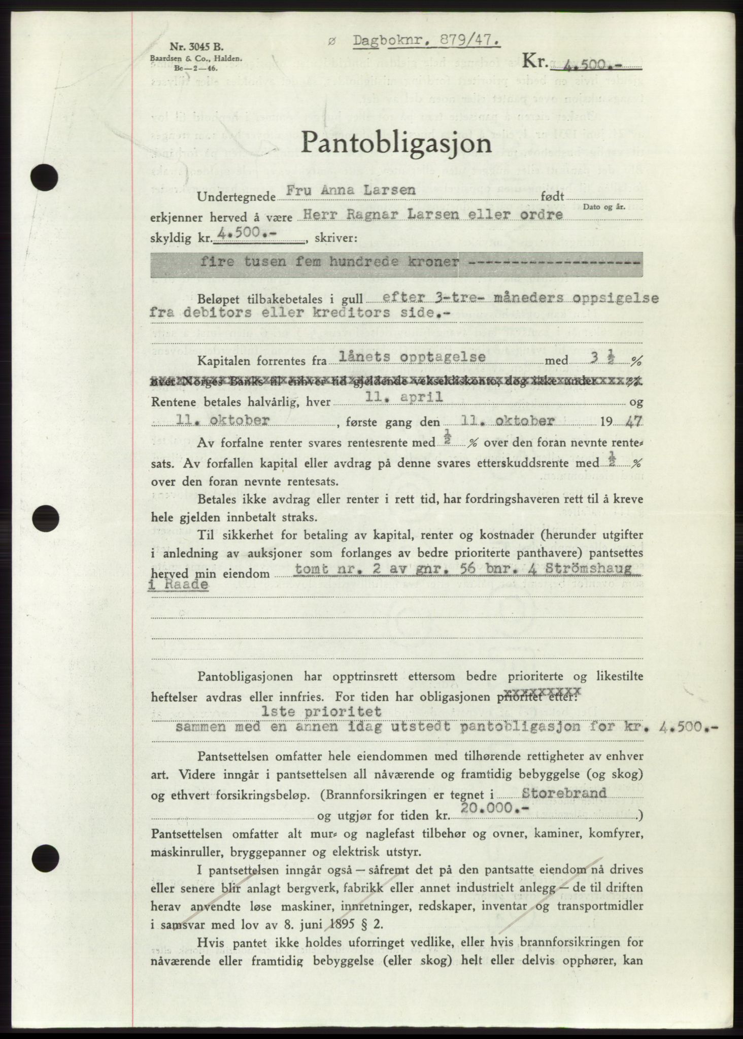 Moss sorenskriveri, SAO/A-10168: Pantebok nr. B17, 1947-1947, Dagboknr: 879/1947