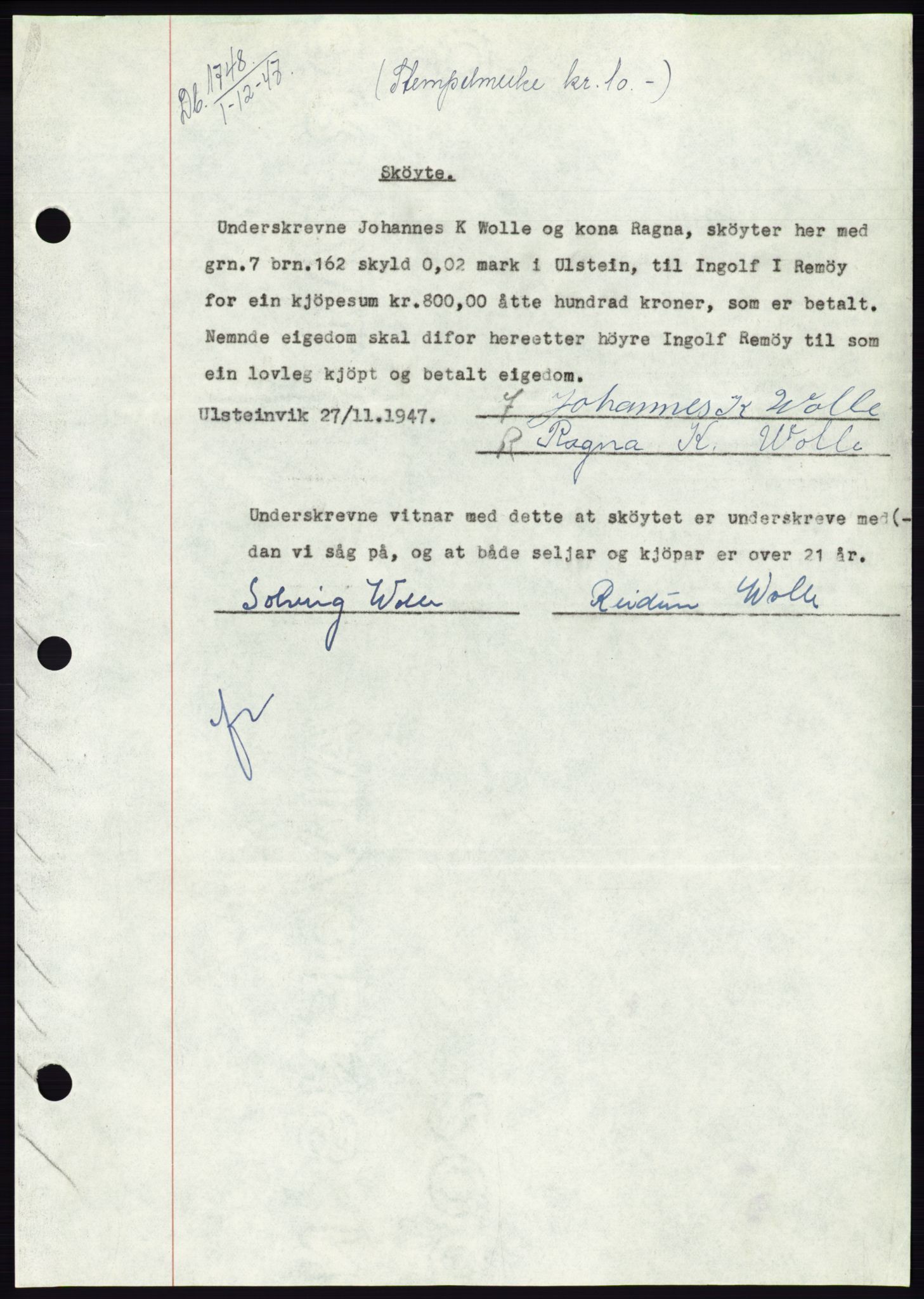 Søre Sunnmøre sorenskriveri, AV/SAT-A-4122/1/2/2C/L0081: Pantebok nr. 7A, 1947-1948, Dagboknr: 1748/1947