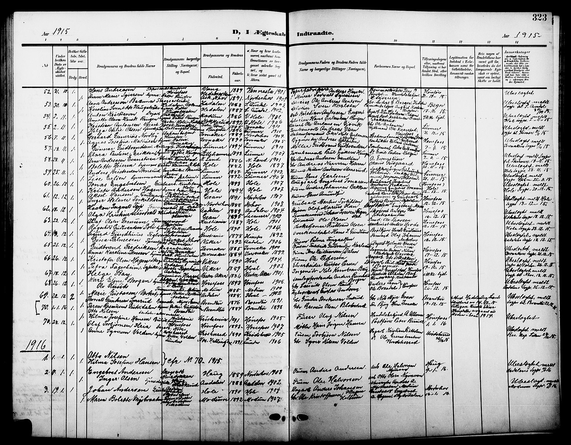 Hønefoss kirkebøker, AV/SAKO-A-609/G/Ga/L0003: Klokkerbok nr. 3, 1905-1925, s. 323