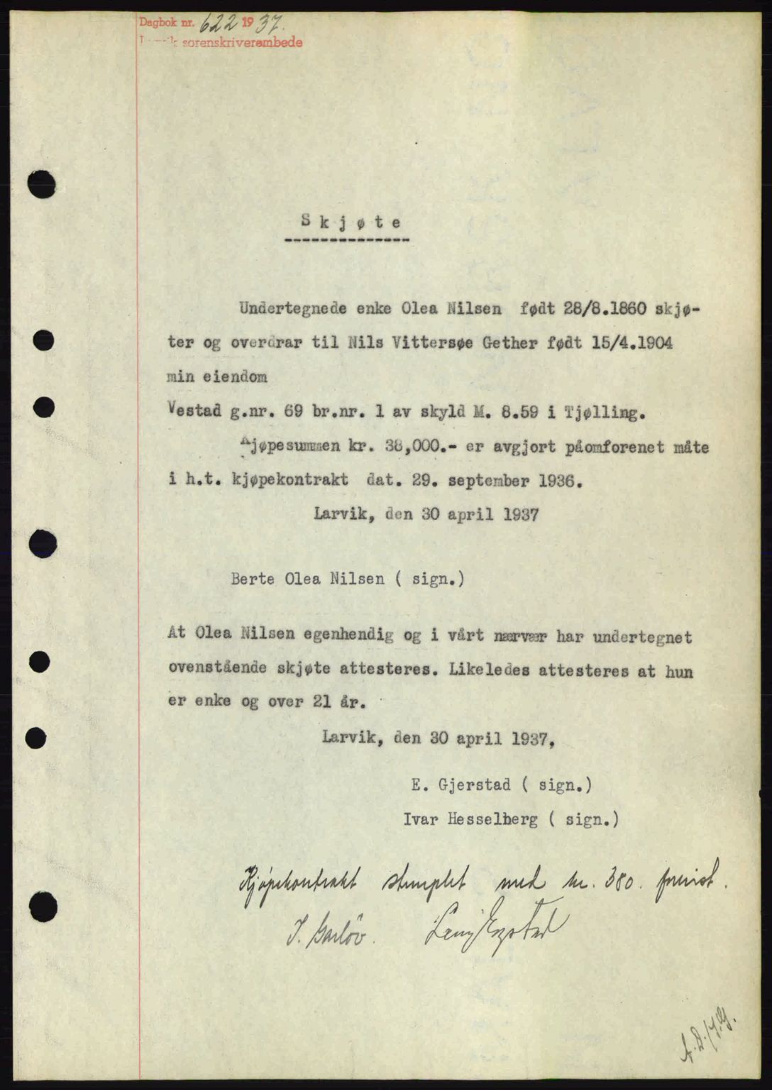 Larvik sorenskriveri, SAKO/A-83/G/Ga/Gab/L0067: Pantebok nr. A-1, 1936-1937, Dagboknr: 622/1937