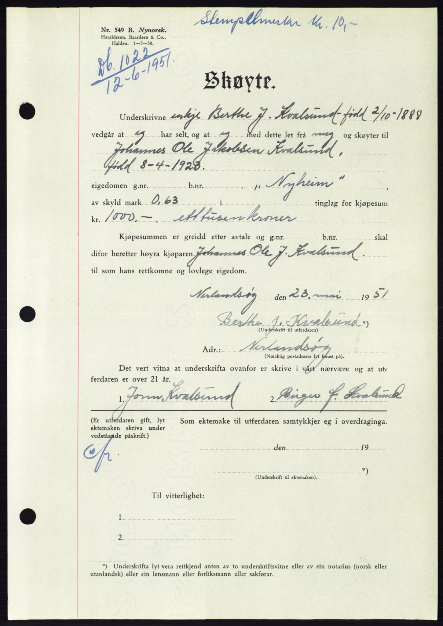 Søre Sunnmøre sorenskriveri, AV/SAT-A-4122/1/2/2C/L0089: Pantebok nr. 15A, 1951-1951, Dagboknr: 1022/1951