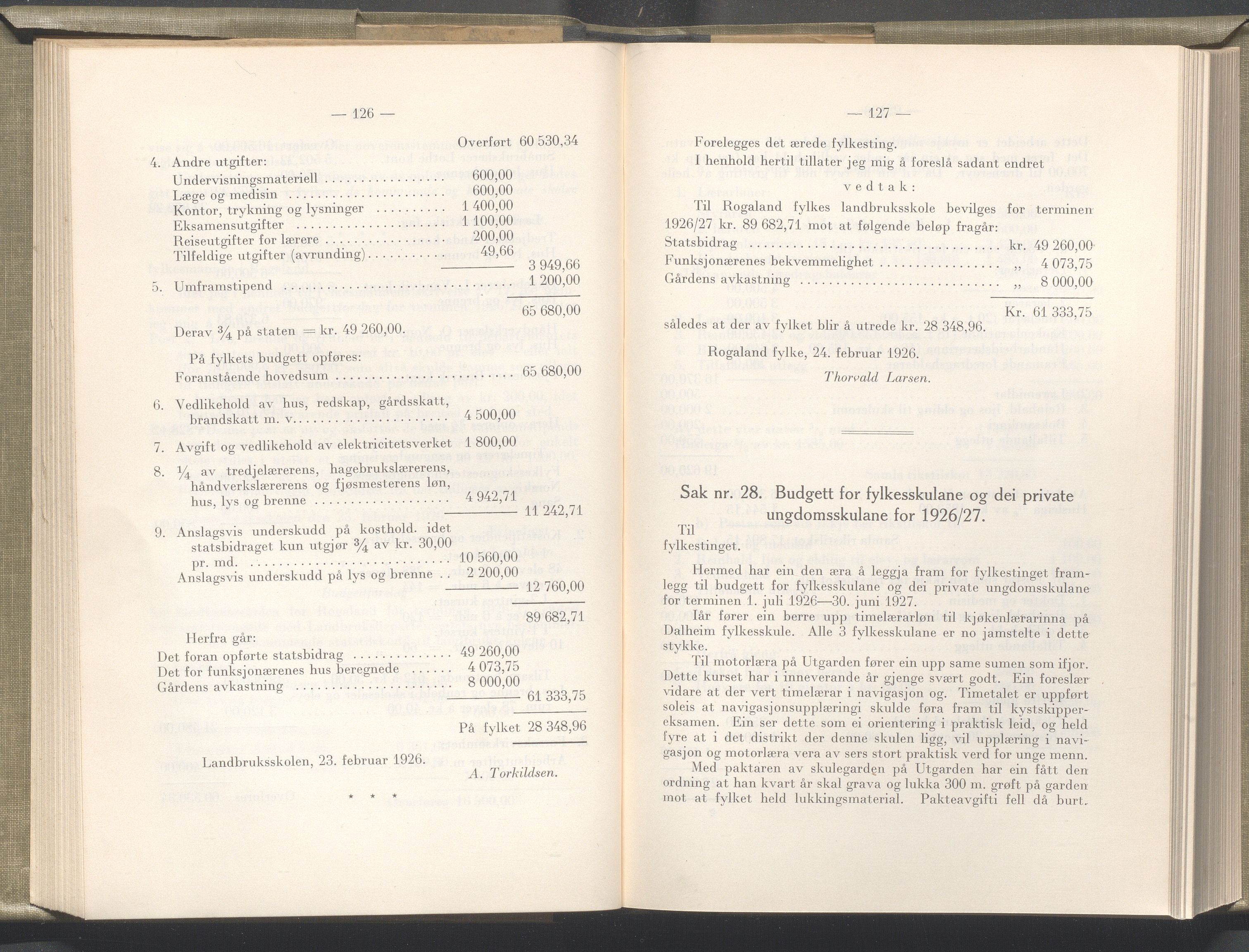 Rogaland fylkeskommune - Fylkesrådmannen , IKAR/A-900/A/Aa/Aaa/L0045: Møtebok , 1926, s. 126-127