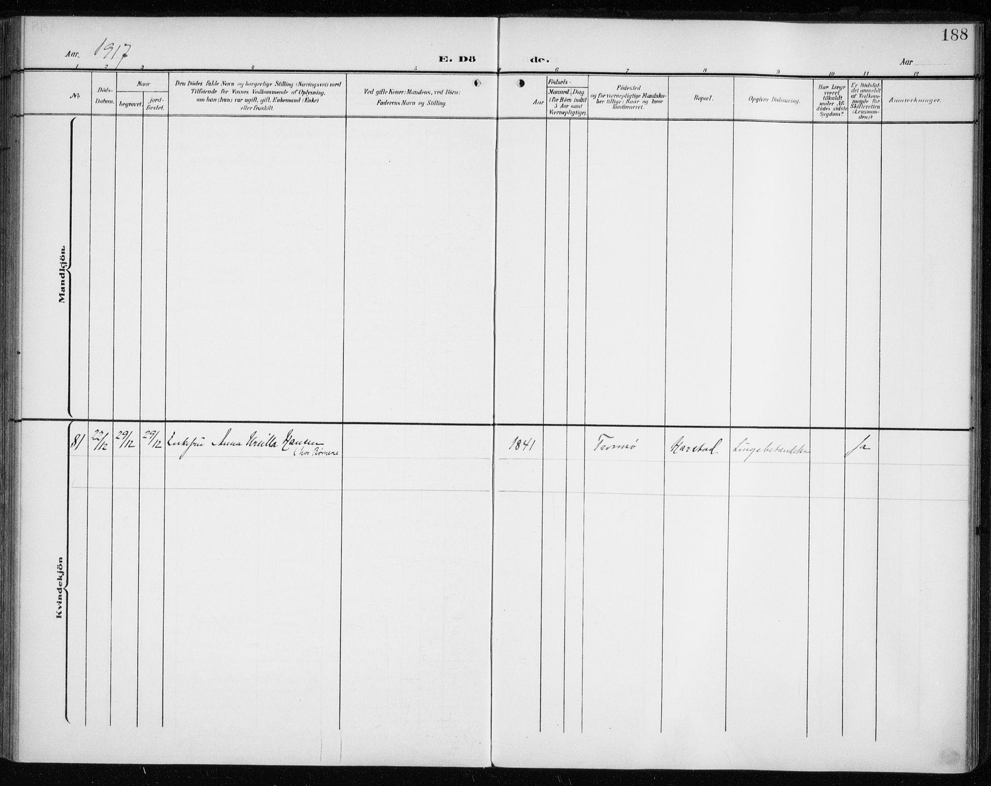 Tromsø sokneprestkontor/stiftsprosti/domprosti, AV/SATØ-S-1343/G/Ga/L0018kirke: Ministerialbok nr. 18, 1907-1917, s. 188