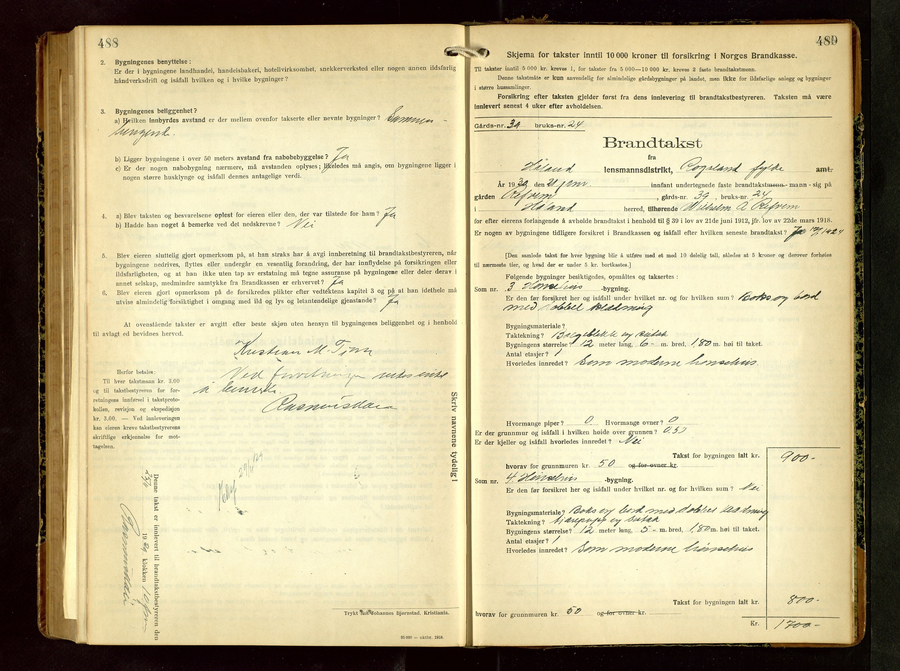 Håland lensmannskontor, SAST/A-100100/Gob/L0008: Branntakstprotokoll - skjematakst. Register i boken., 1925-1930, s. 488-489