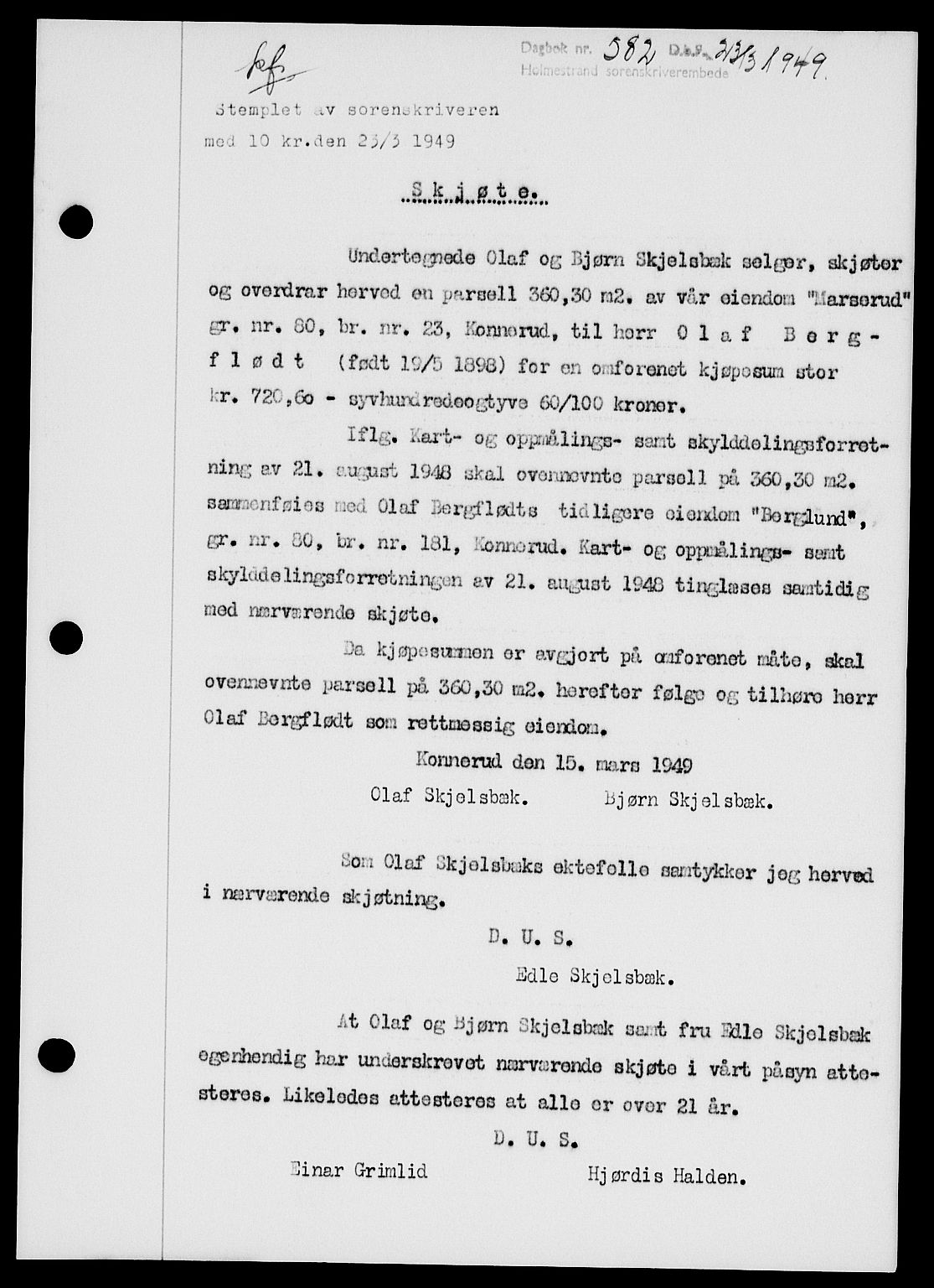 Holmestrand sorenskriveri, SAKO/A-67/G/Ga/Gaa/L0066: Pantebok nr. A-66, 1949-1949, Dagboknr: 582/1949