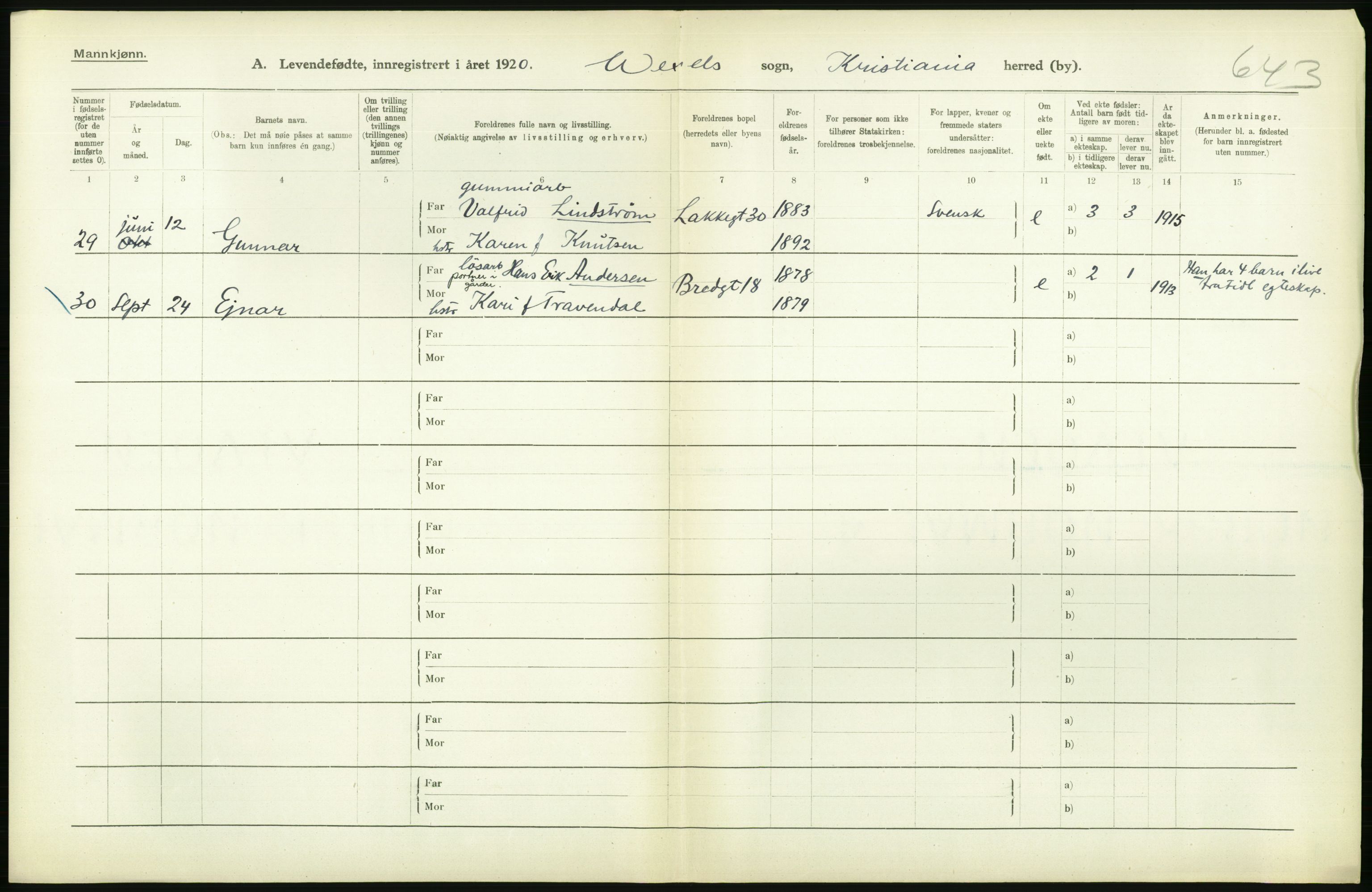 Statistisk sentralbyrå, Sosiodemografiske emner, Befolkning, AV/RA-S-2228/D/Df/Dfb/Dfbj/L0008: Kristiania: Levendefødte menn og kvinner., 1920, s. 296