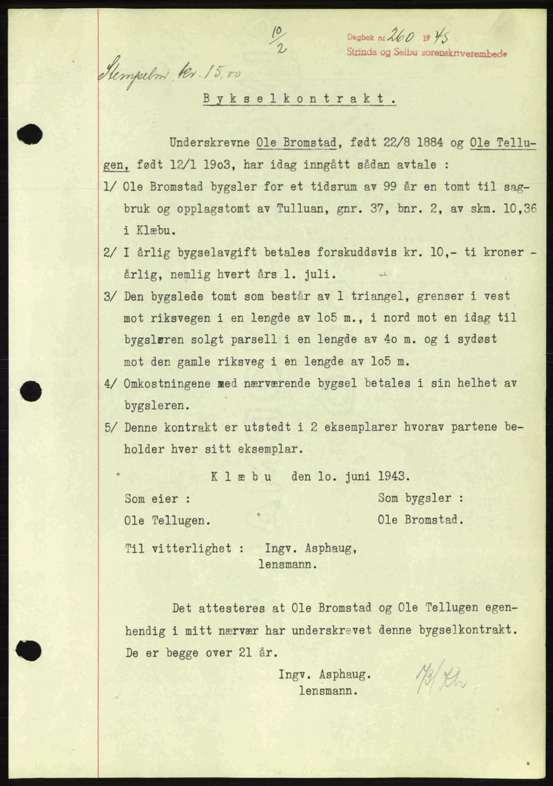 Strinda og Selbu sorenskriveri, SAT/A-0015/2/2C: Pantebok nr. A9, 1944-1945, Dagboknr: 260/1945