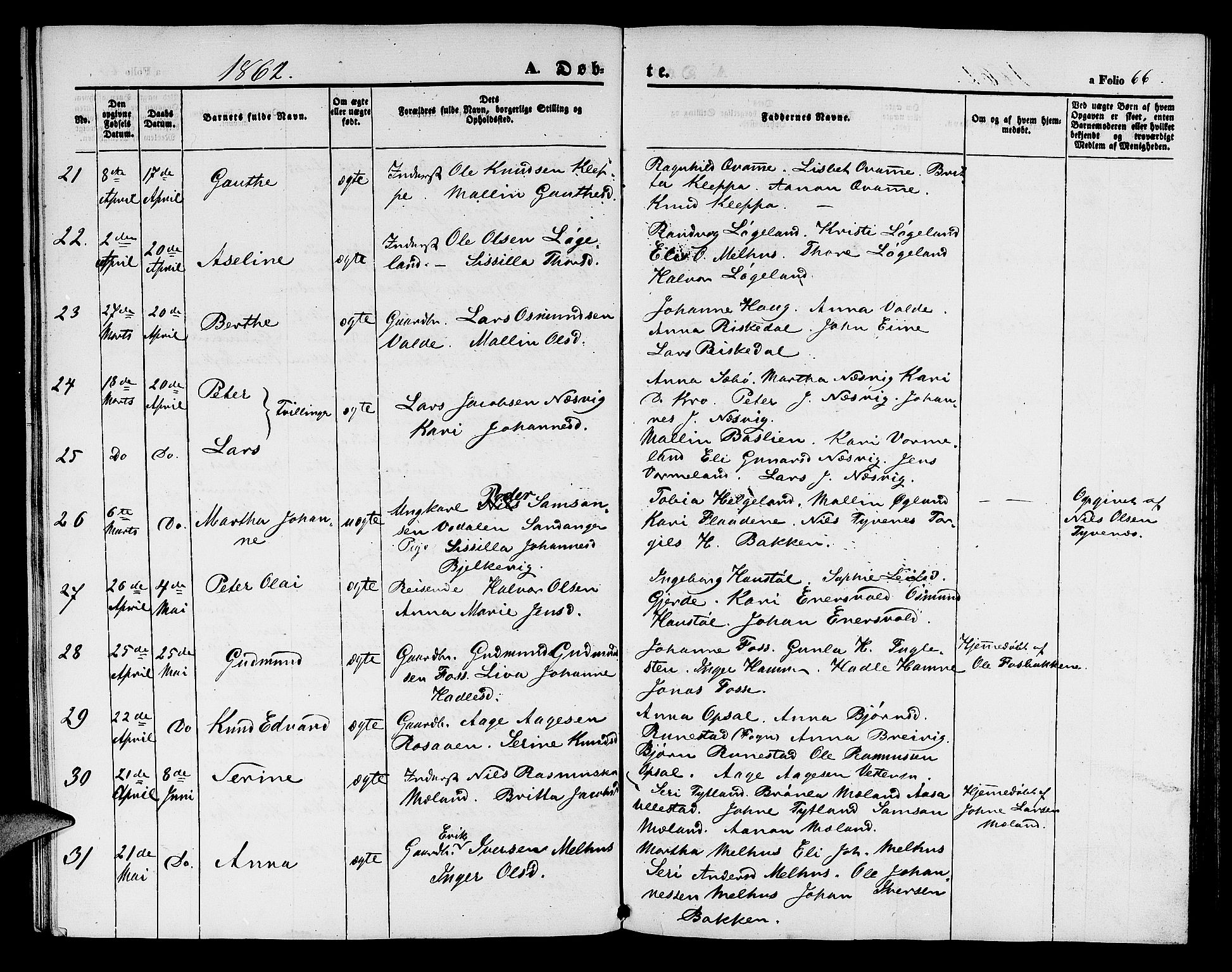 Hjelmeland sokneprestkontor, AV/SAST-A-101843/01/V/L0004: Klokkerbok nr. B 4, 1853-1883, s. 66