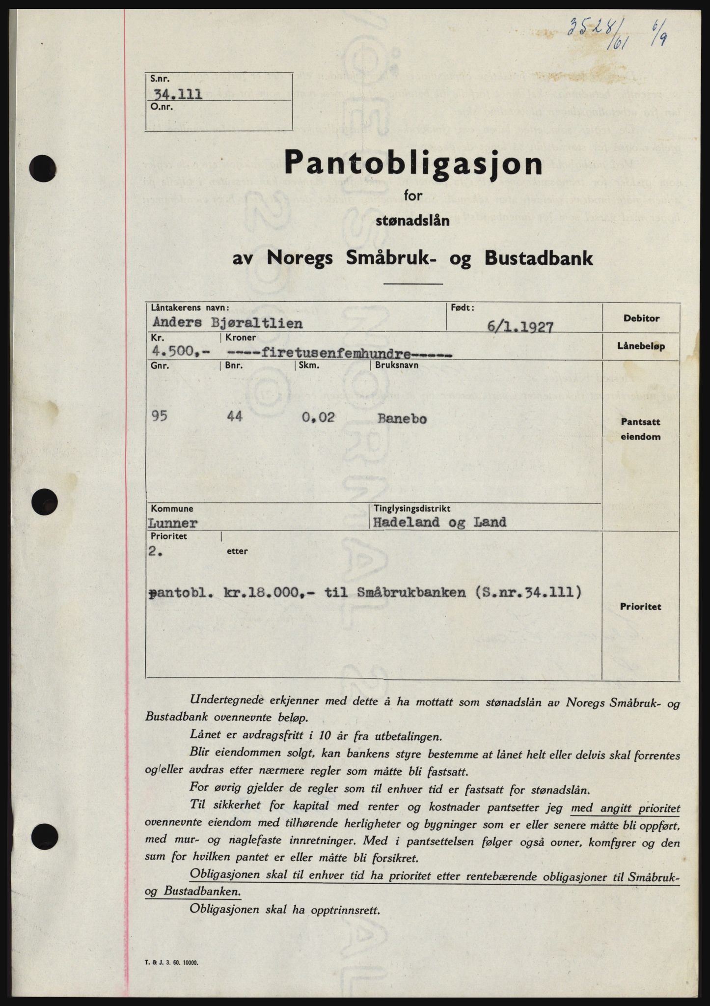 Hadeland og Land tingrett, SAH/TING-010/H/Hb/Hbc/L0046: Pantebok nr. B46, 1961-1961, Dagboknr: 3528/1961