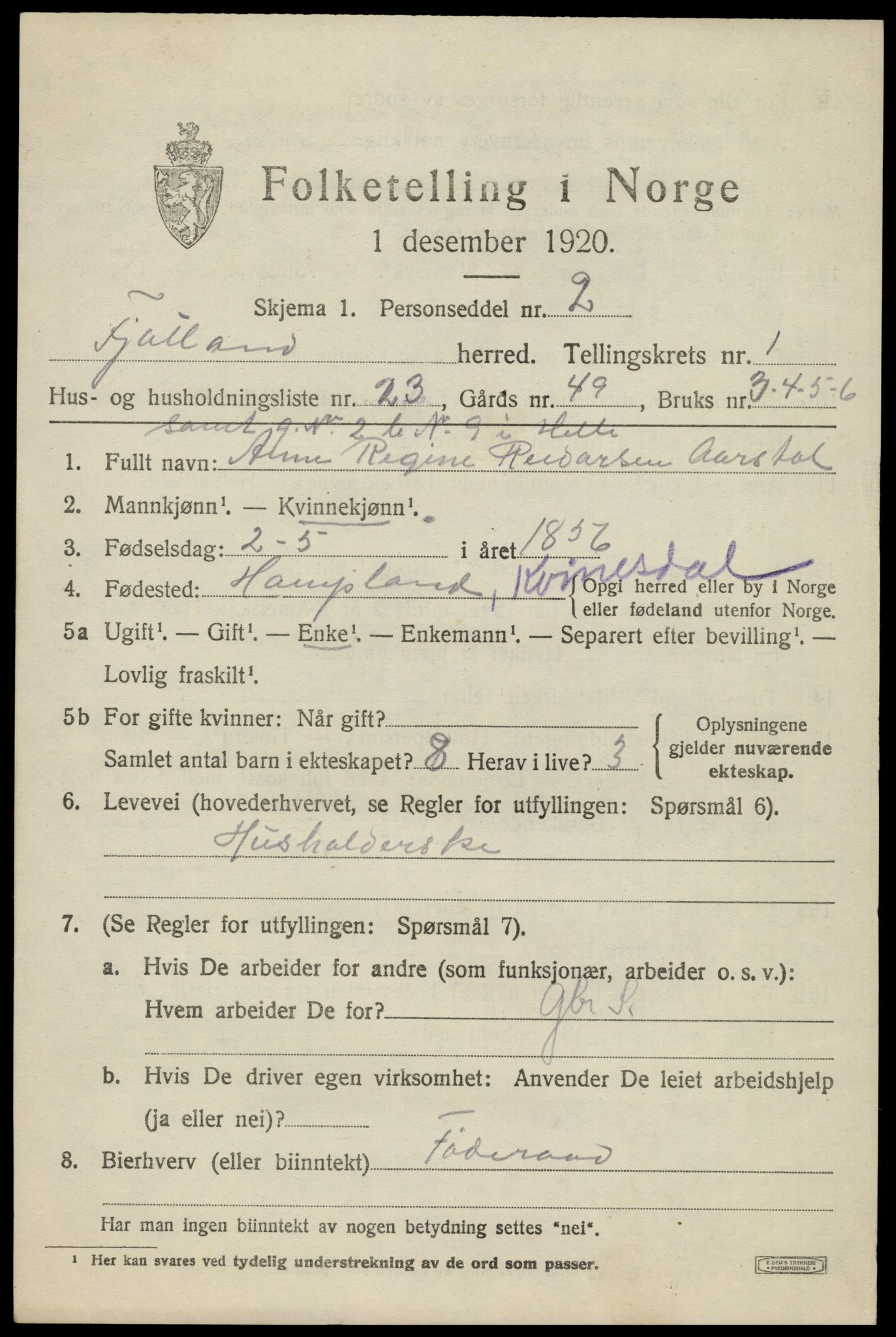 SAK, Folketelling 1920 for 1036 Fjotland herred, 1920, s. 678