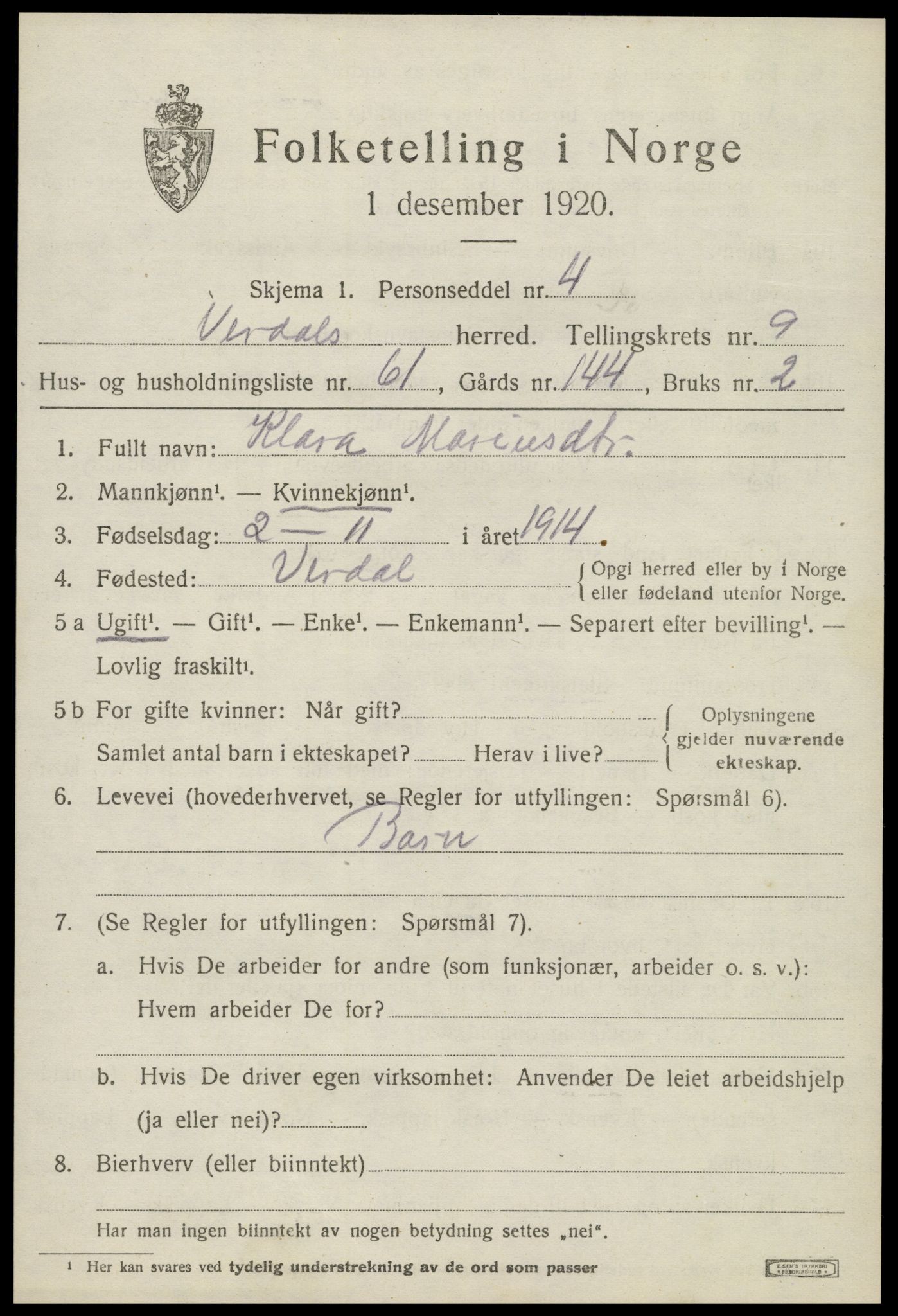SAT, Folketelling 1920 for 1721 Verdal herred, 1920, s. 12139