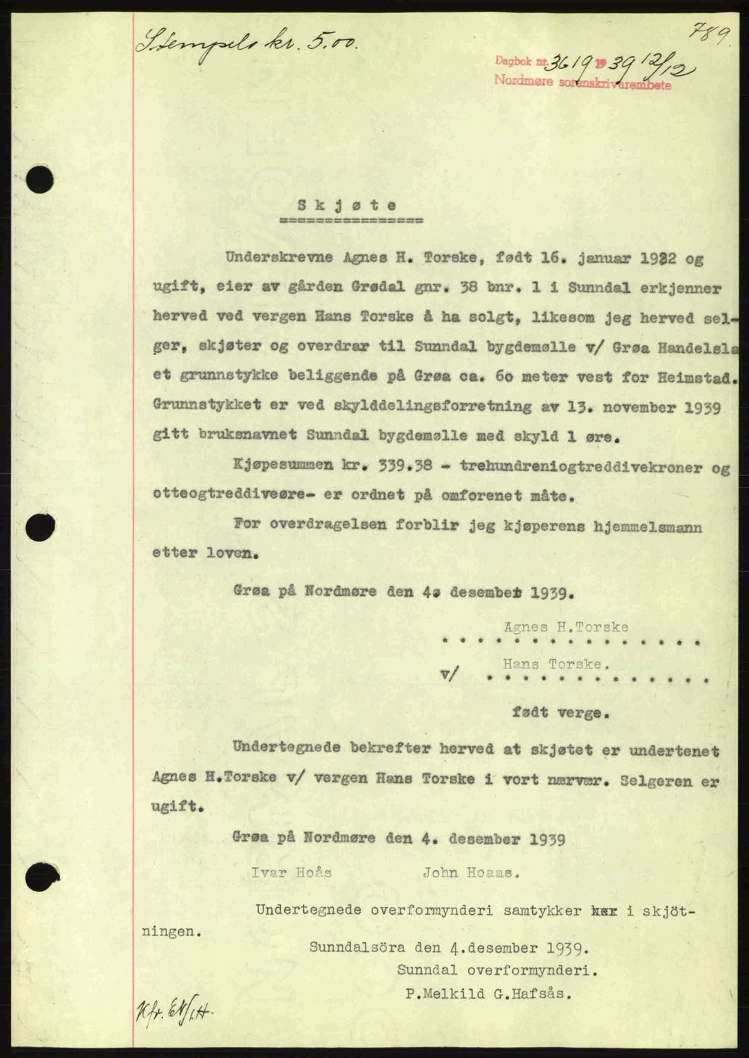 Nordmøre sorenskriveri, SAT/A-4132/1/2/2Ca: Pantebok nr. A87, 1939-1940, Dagboknr: 3619/1939