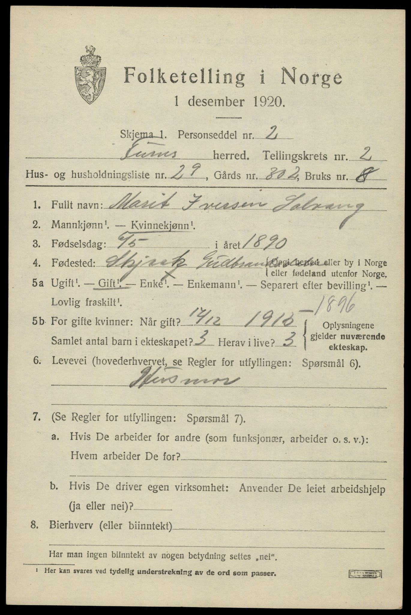 SAH, Folketelling 1920 for 0413 Furnes herred, 1920, s. 3393