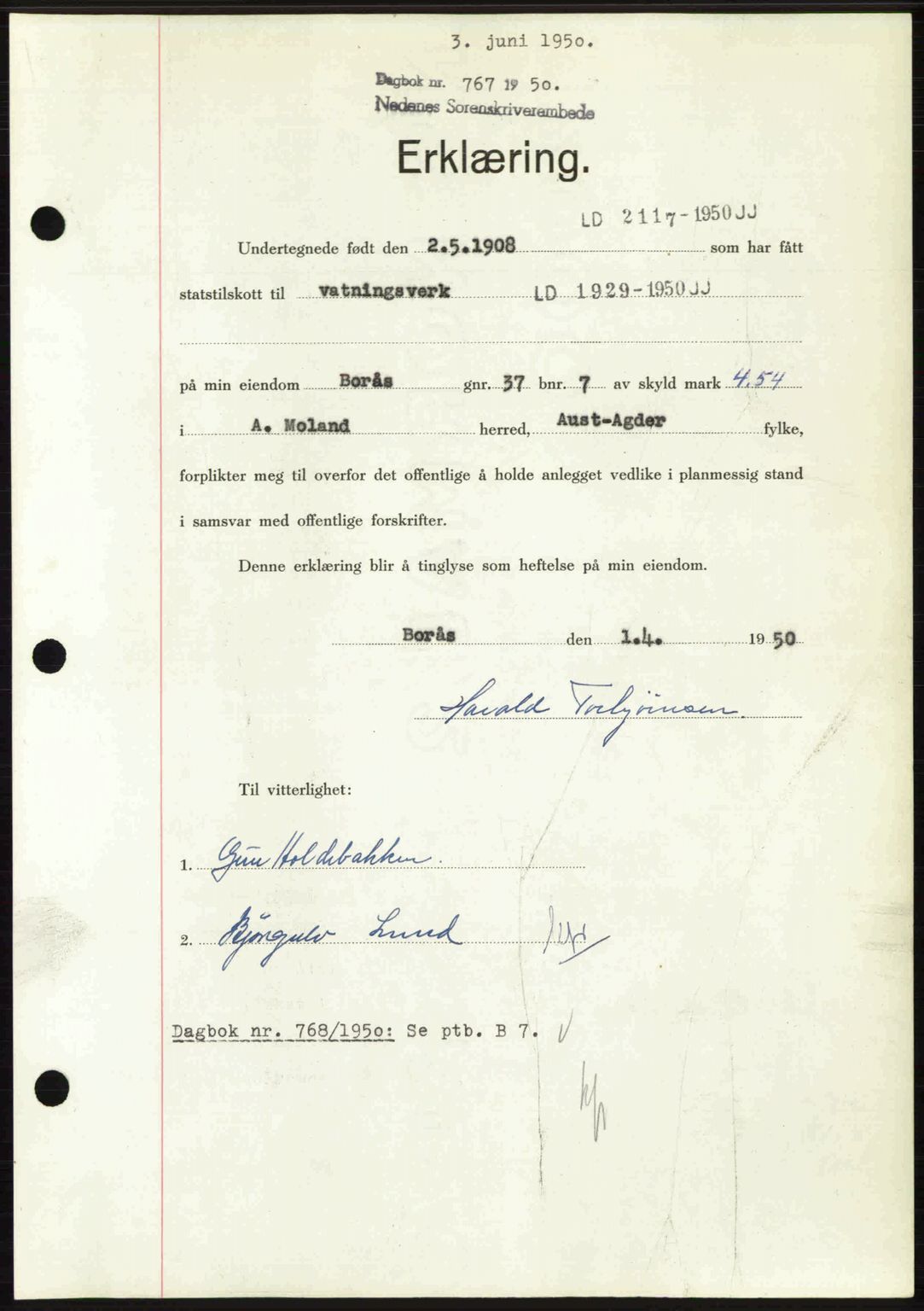 Nedenes sorenskriveri, AV/SAK-1221-0006/G/Gb/Gba/L0062: Pantebok nr. A14, 1949-1950, Dagboknr: 767/1950