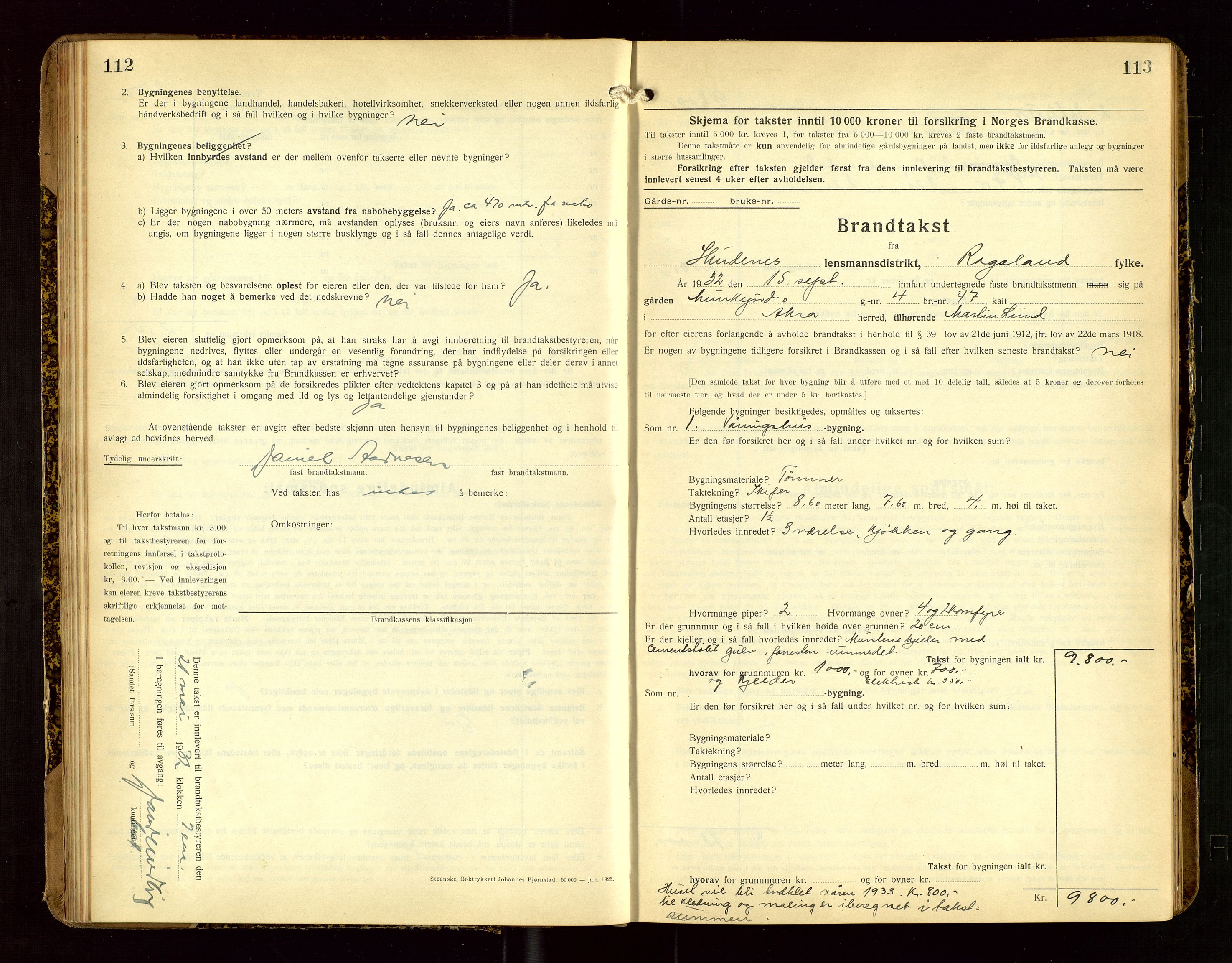 Skudenes lensmannskontor, SAST/A-100444/Gob/L0002: "Brandtakstprotokoll", 1925-1952, s. 112-113