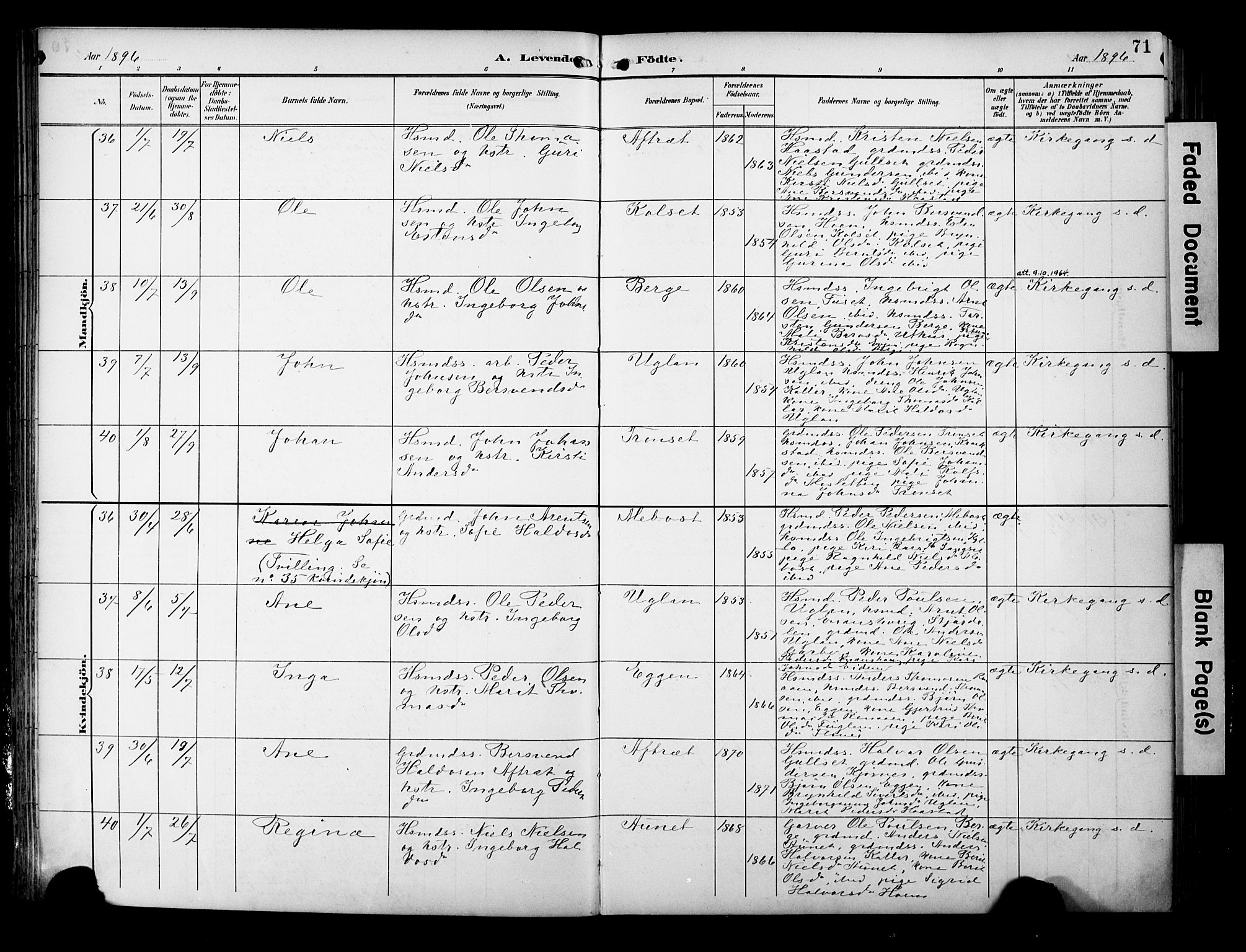 Ministerialprotokoller, klokkerbøker og fødselsregistre - Sør-Trøndelag, SAT/A-1456/695/L1149: Ministerialbok nr. 695A09, 1891-1902, s. 71