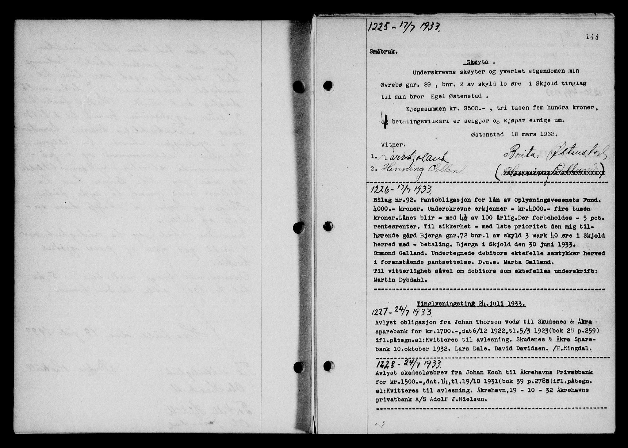 Karmsund sorenskriveri, SAST/A-100311/01/II/IIB/L0061: Pantebok nr. 42, 1933-1933, Tingl.dato: 24.07.1933
