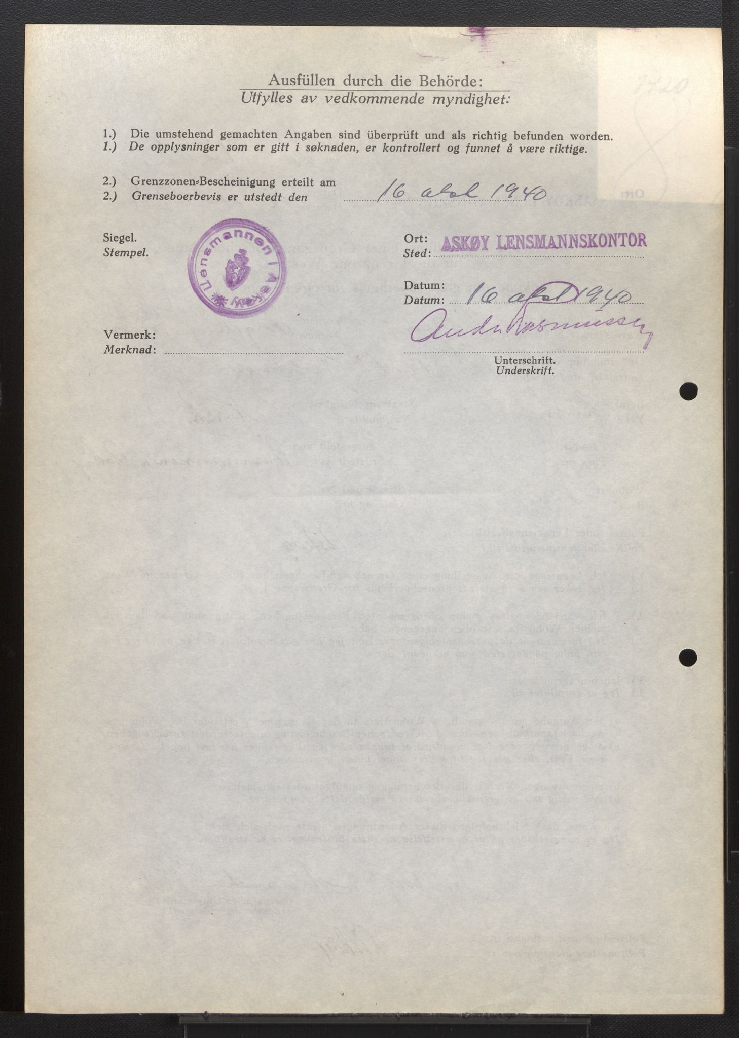 Lensmannen i Askøy, AV/SAB-A-31001/0026/L0006: Søknader om grensebuarbevis 1276 - 1700, 1940, s. 94