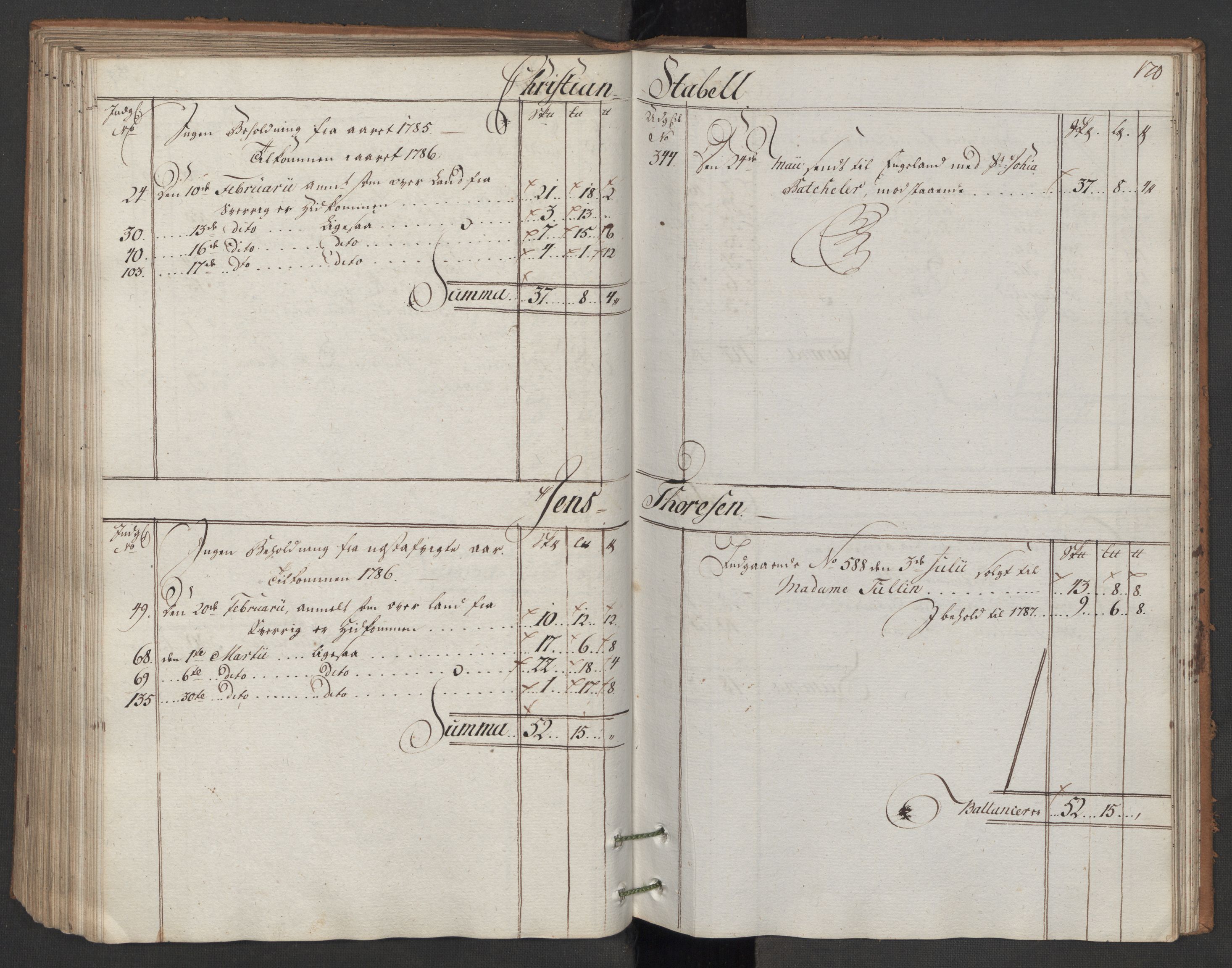 Generaltollkammeret, tollregnskaper, AV/RA-EA-5490/R06/L0166/0001: Tollregnskaper Kristiania / Utgående hovedtollbok, 1786, s. 169b-170a