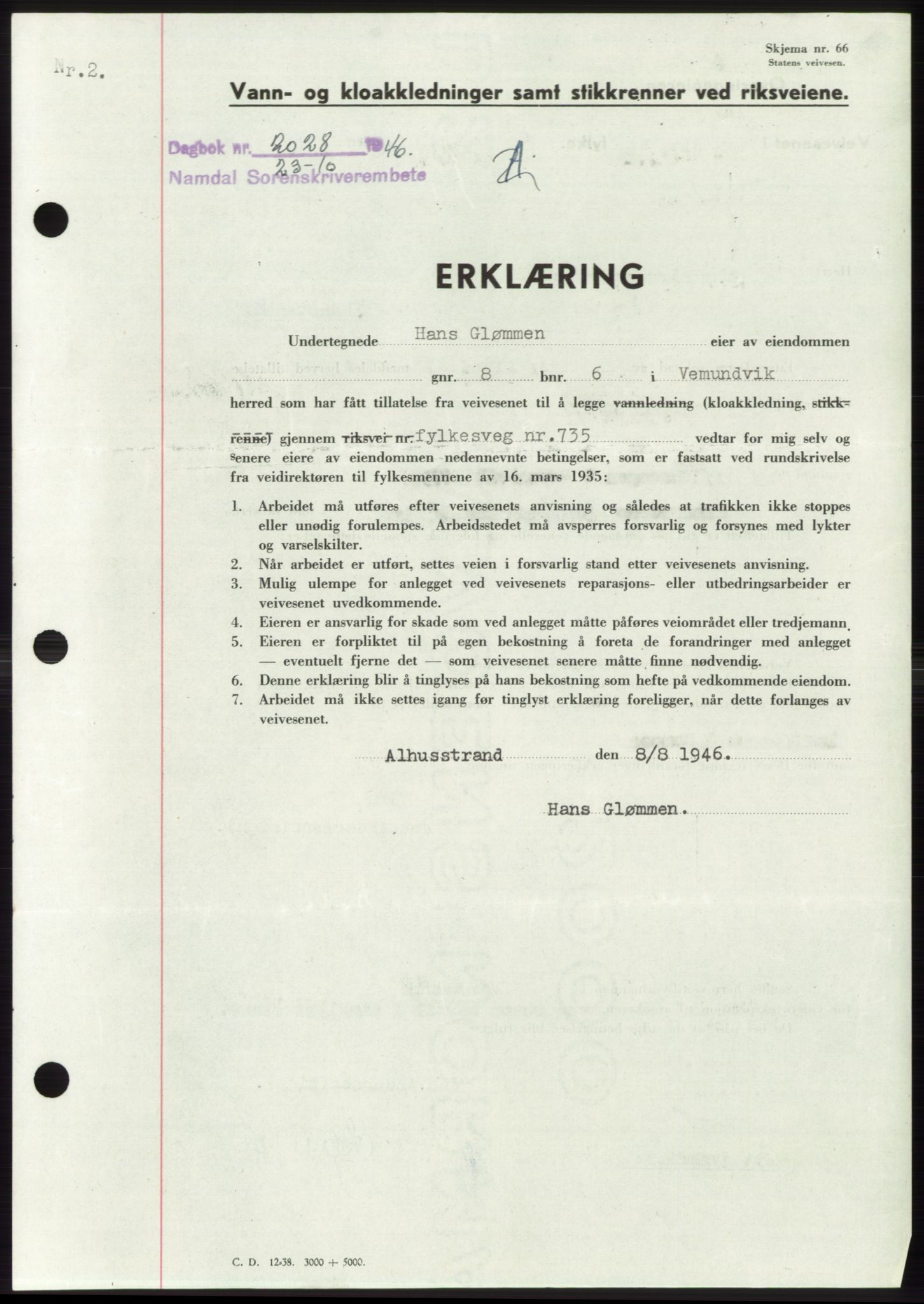 Namdal sorenskriveri, SAT/A-4133/1/2/2C: Pantebok nr. -, 1946-1947, Dagboknr: 2028/1946