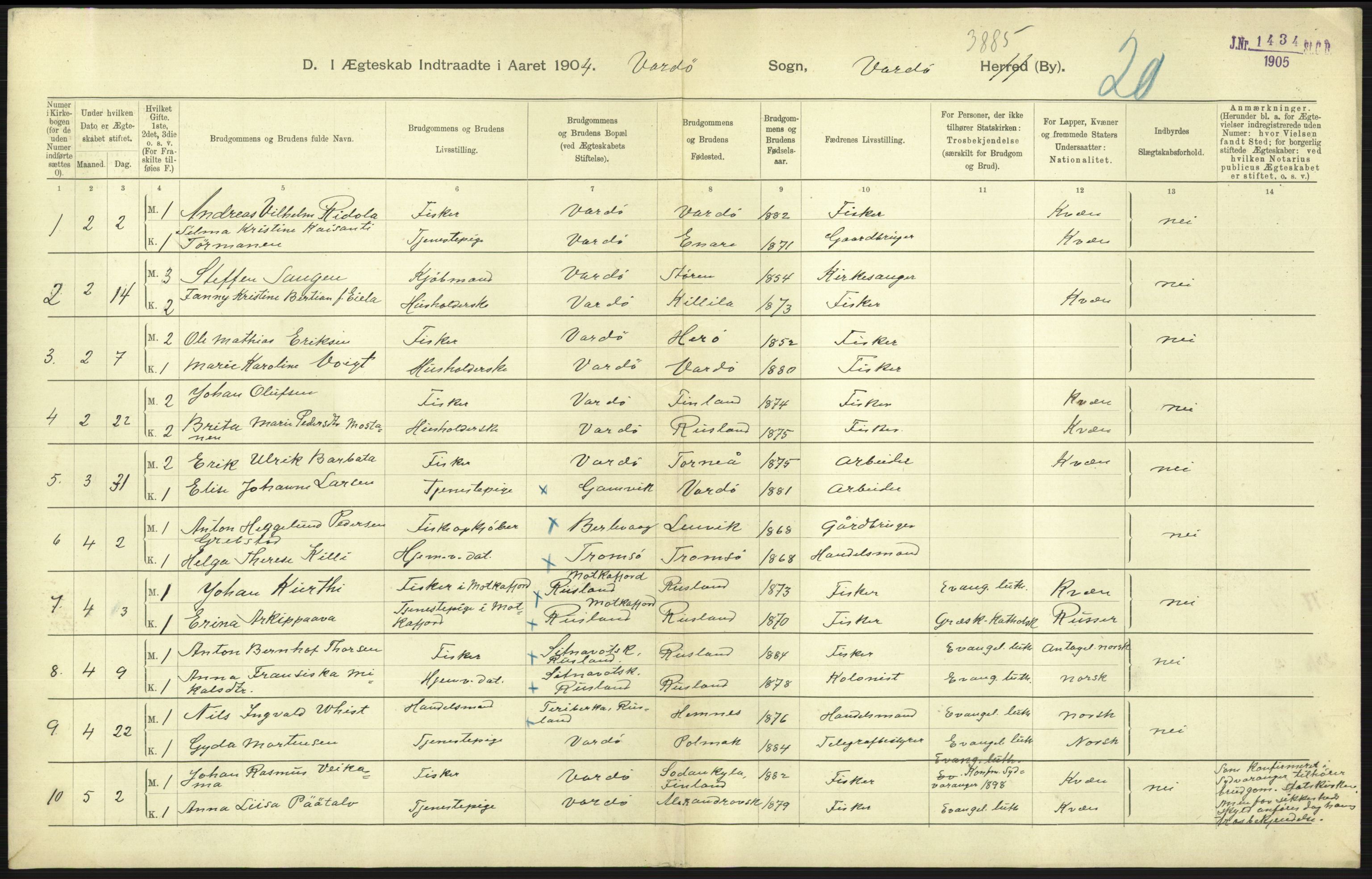 Statistisk sentralbyrå, Sosiodemografiske emner, Befolkning, AV/RA-S-2228/D/Df/Dfa/Dfab/L0023: Finnmarkens amt: Fødte, gifte, døde, 1904, s. 211