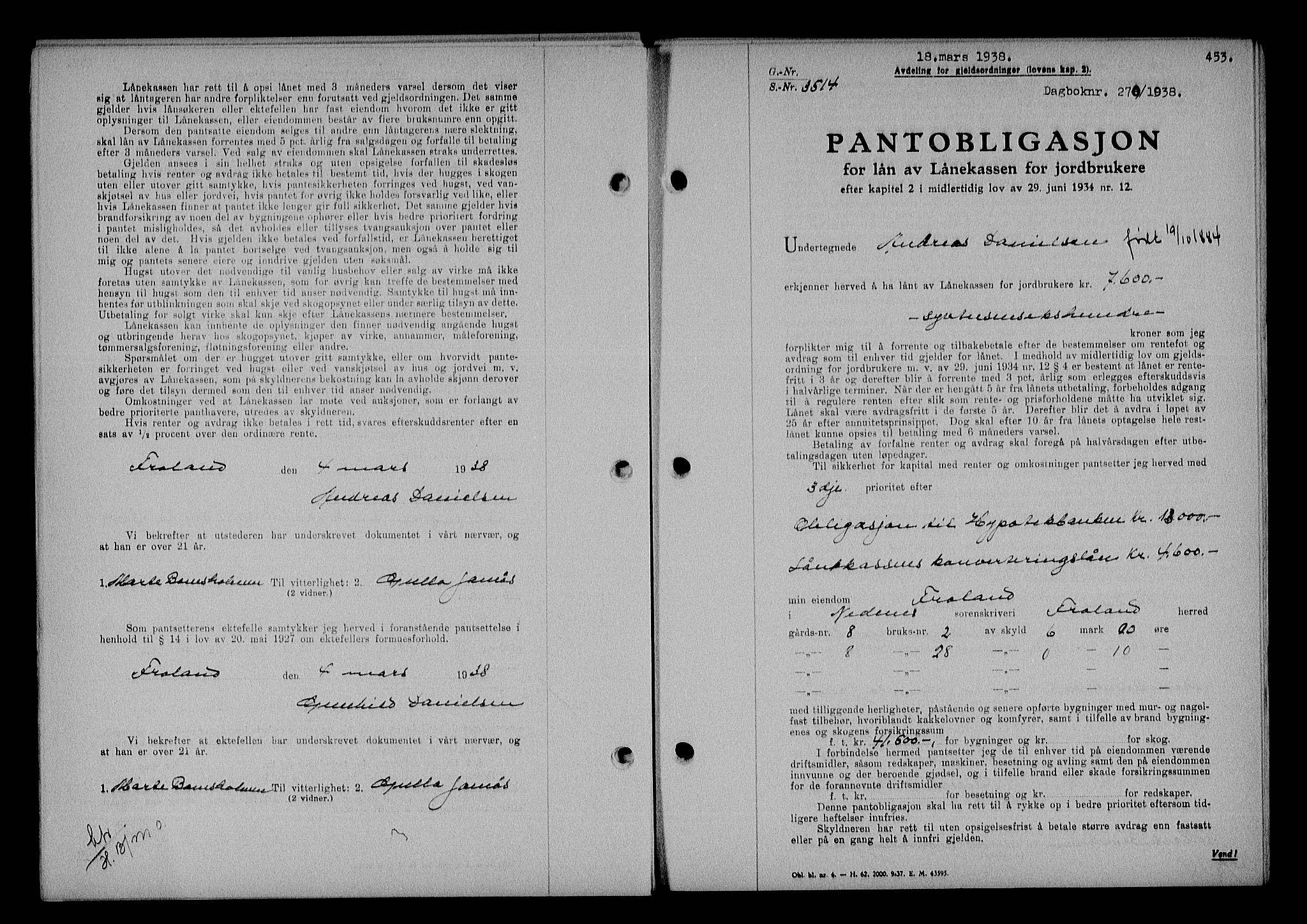 Nedenes sorenskriveri, AV/SAK-1221-0006/G/Gb/Gba/L0044: Pantebok nr. 40, 1937-1938, Dagboknr: 270/1938