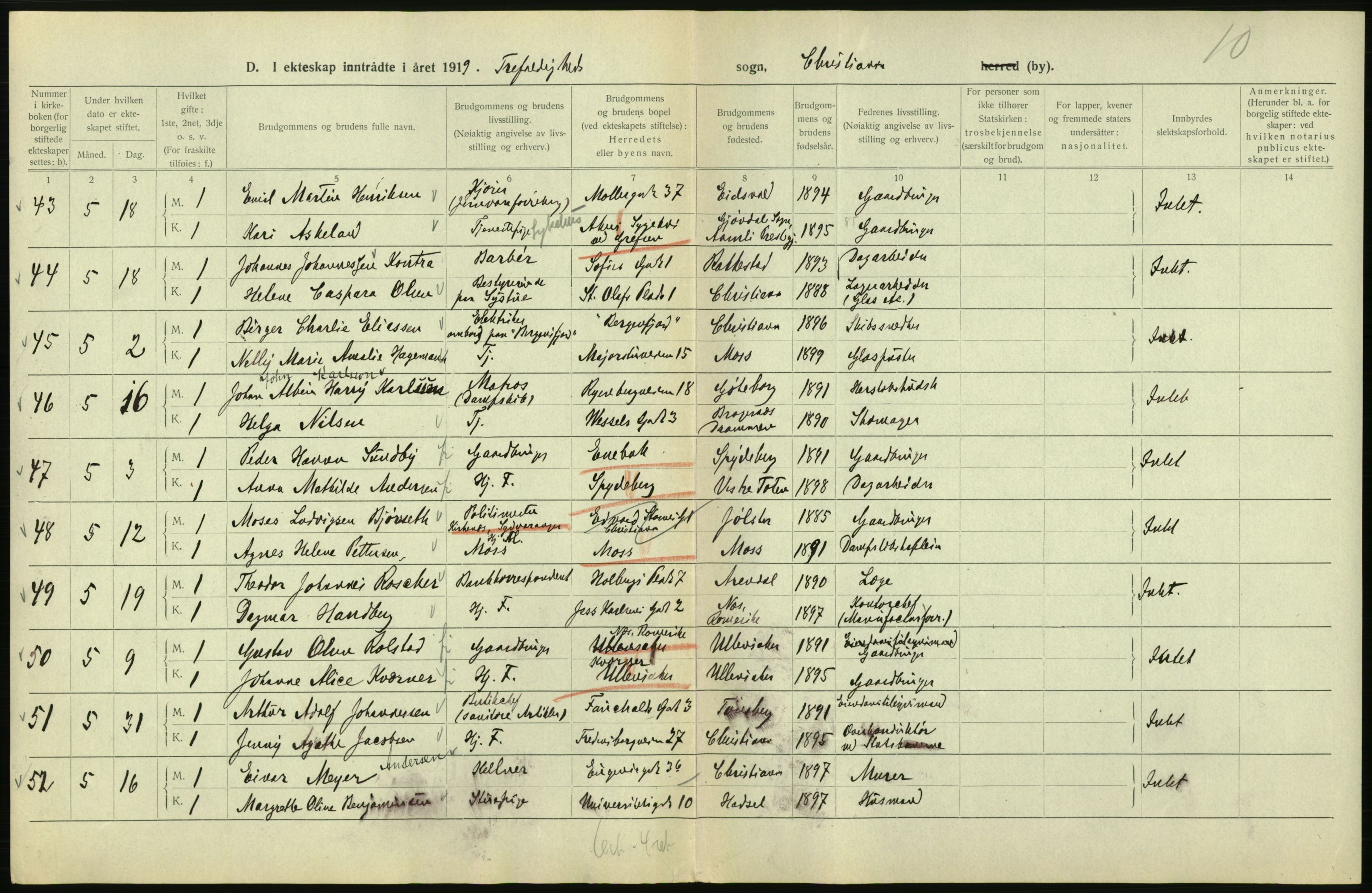 Statistisk sentralbyrå, Sosiodemografiske emner, Befolkning, AV/RA-S-2228/D/Df/Dfb/Dfbi/L0009: Kristiania: Gifte, 1919, s. 74