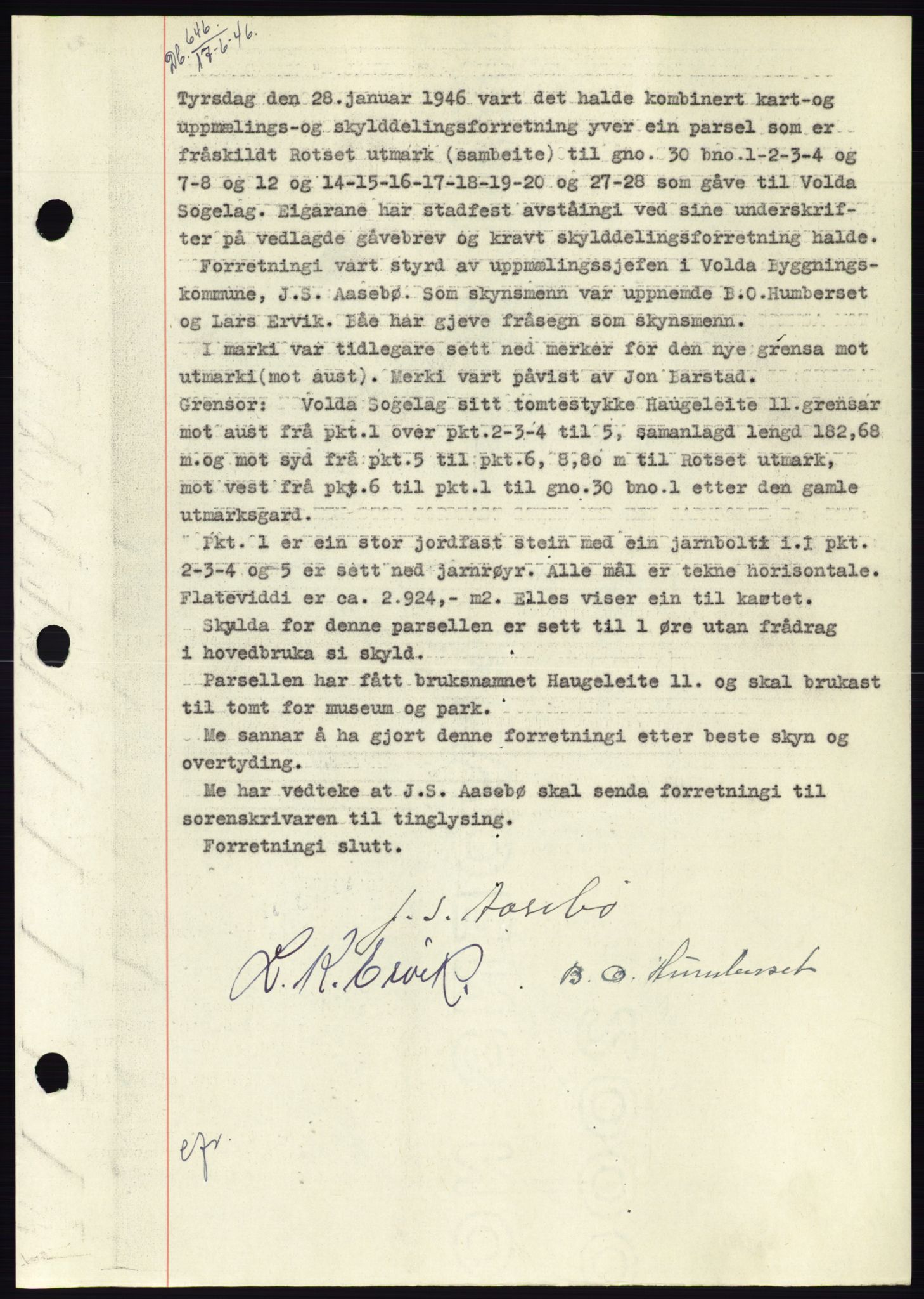 Søre Sunnmøre sorenskriveri, SAT/A-4122/1/2/2C/L0078: Pantebok nr. 4A, 1946-1946, Dagboknr: 646/1946