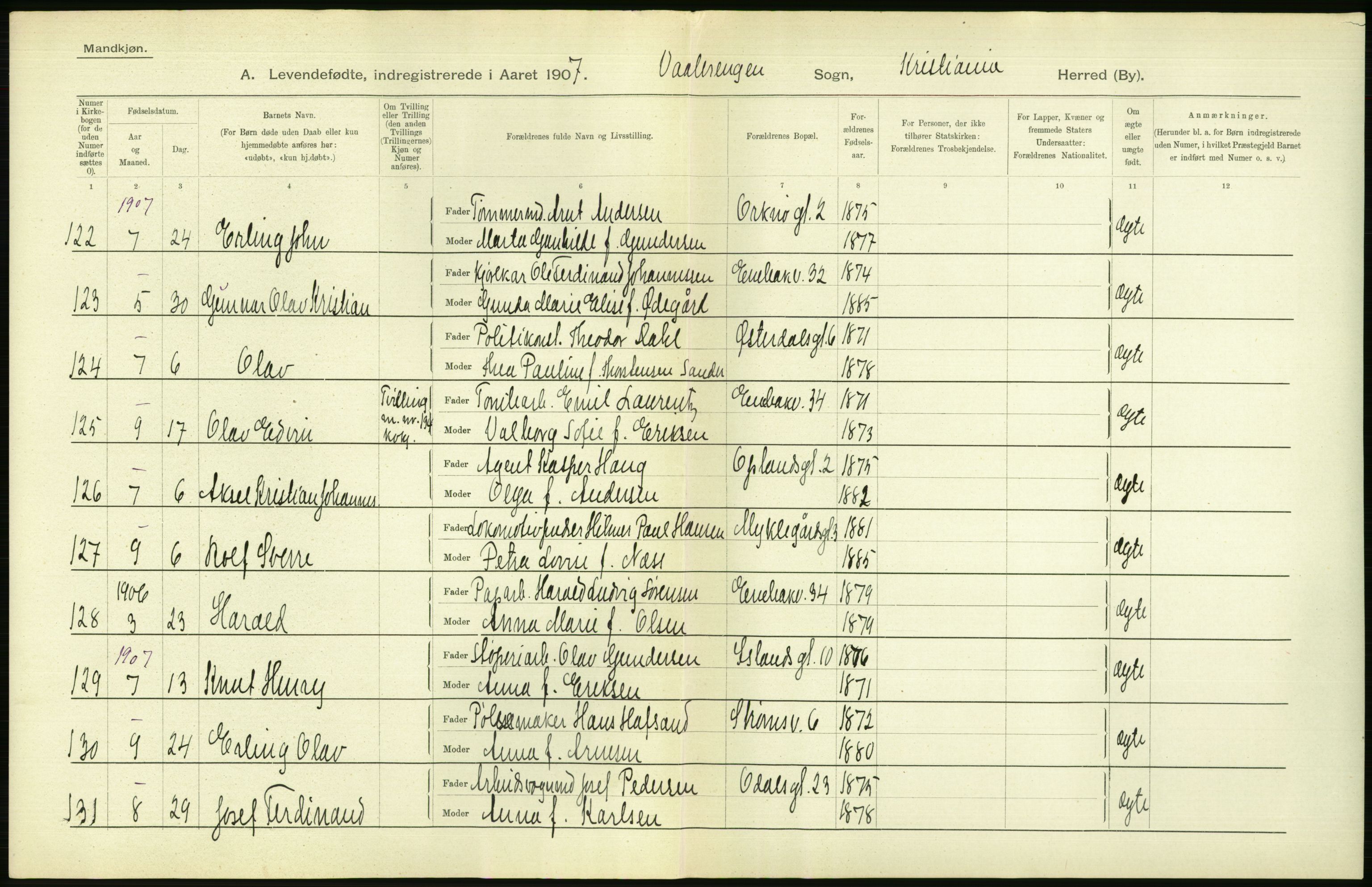 Statistisk sentralbyrå, Sosiodemografiske emner, Befolkning, AV/RA-S-2228/D/Df/Dfa/Dfae/L0007: Kristiania: Levendefødte menn og kvinner., 1907, s. 588