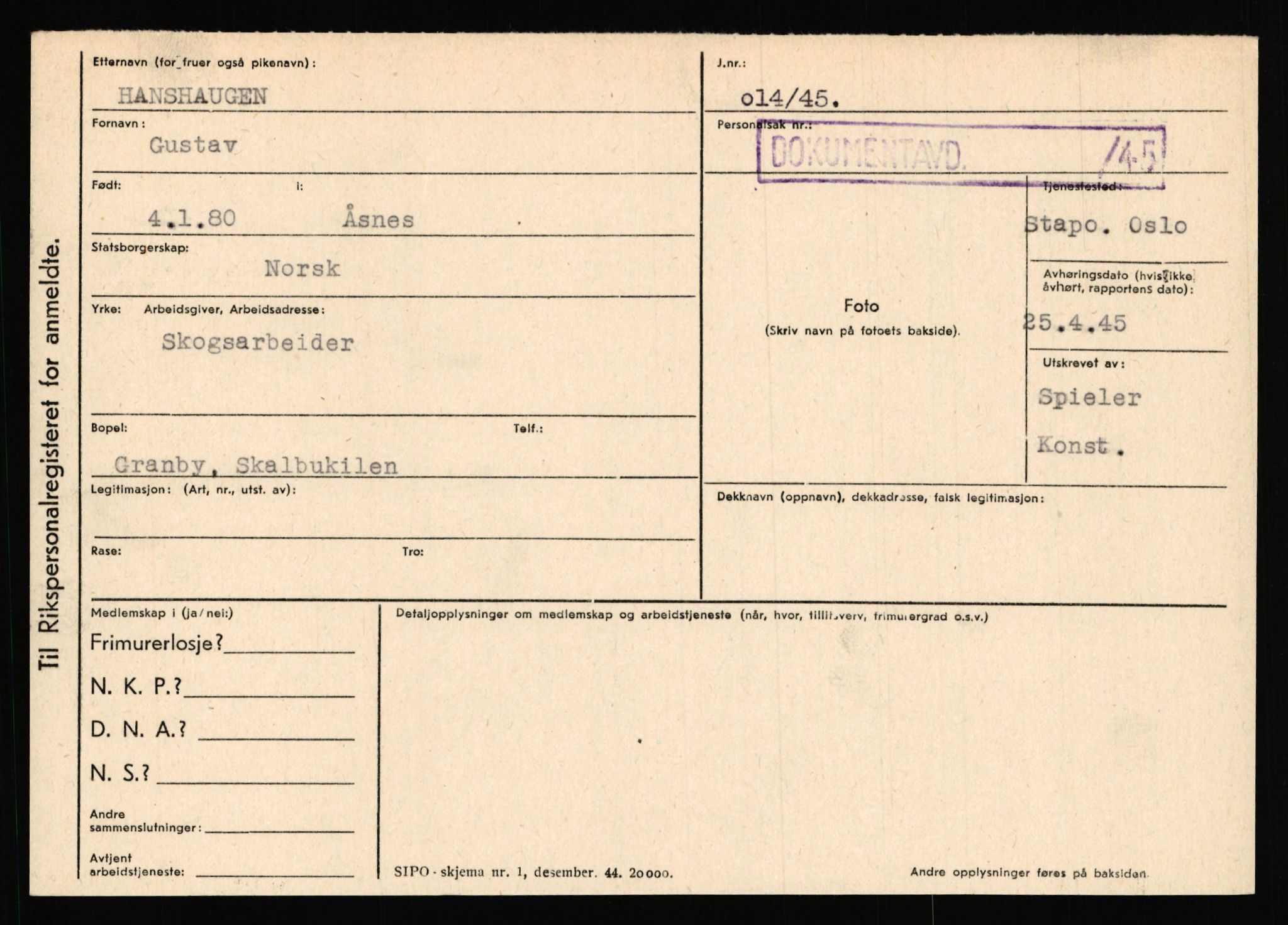 Statspolitiet - Hovedkontoret / Osloavdelingen, AV/RA-S-1329/C/Ca/L0006: Hanche - Hokstvedt, 1943-1945, s. 1710