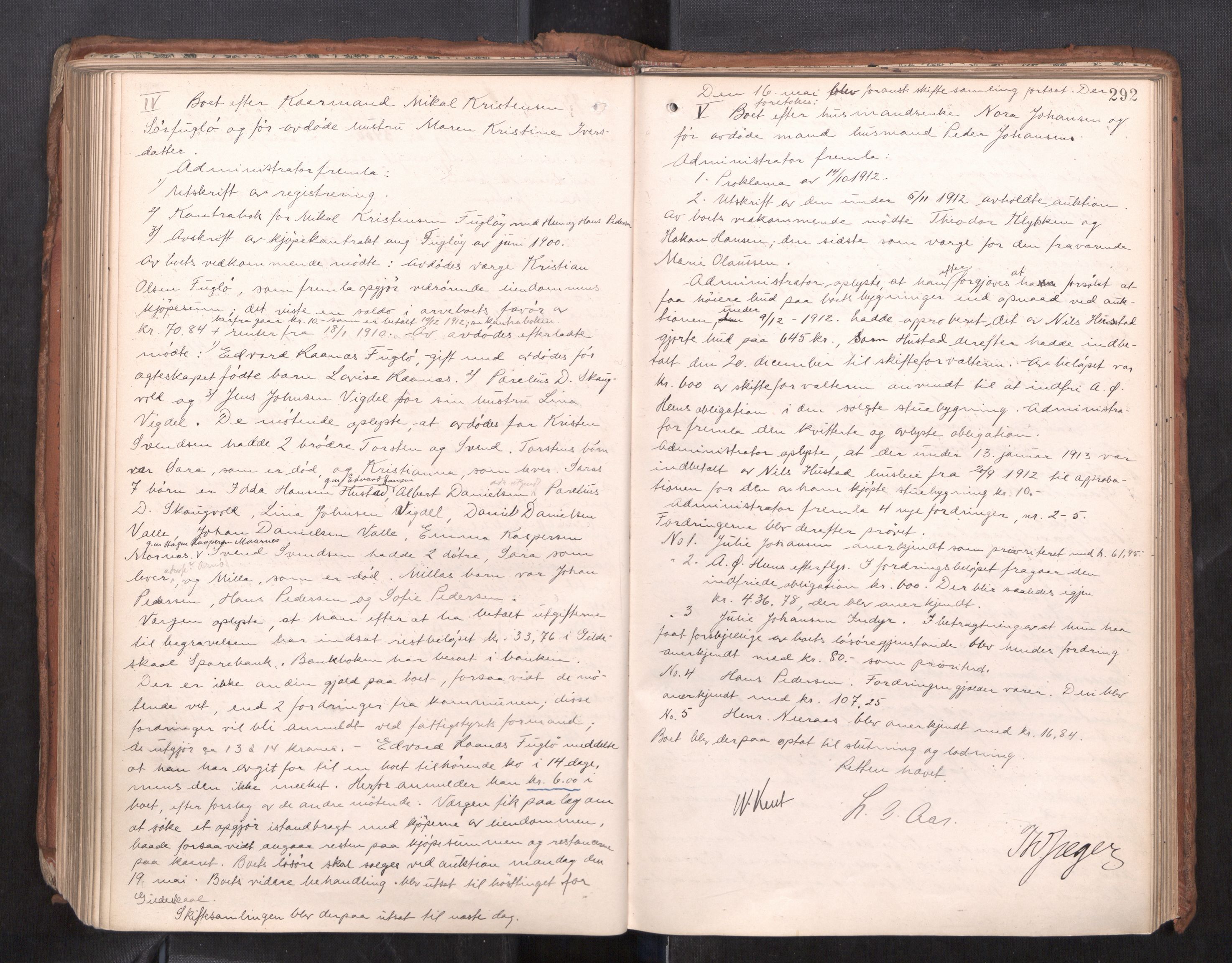 Salten sorenskriveri, AV/SAT-A-4578/1/3/3B/L0012: Skiftebehandlingsprotokoll, 1910-1915, s. 292