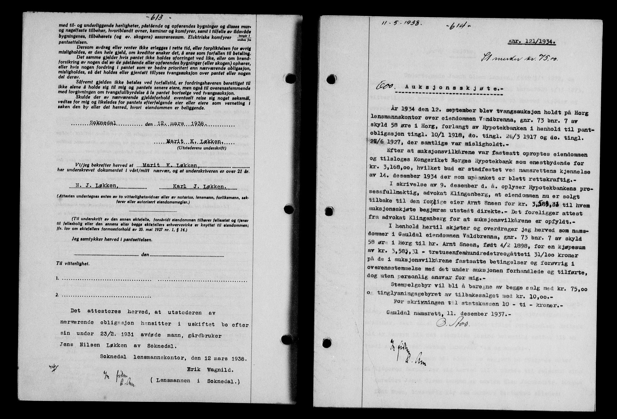 Gauldal sorenskriveri, SAT/A-0014/1/2/2C/L0048: Pantebok nr. 51-52, 1937-1938, s. 613, Dagboknr: 600/1938