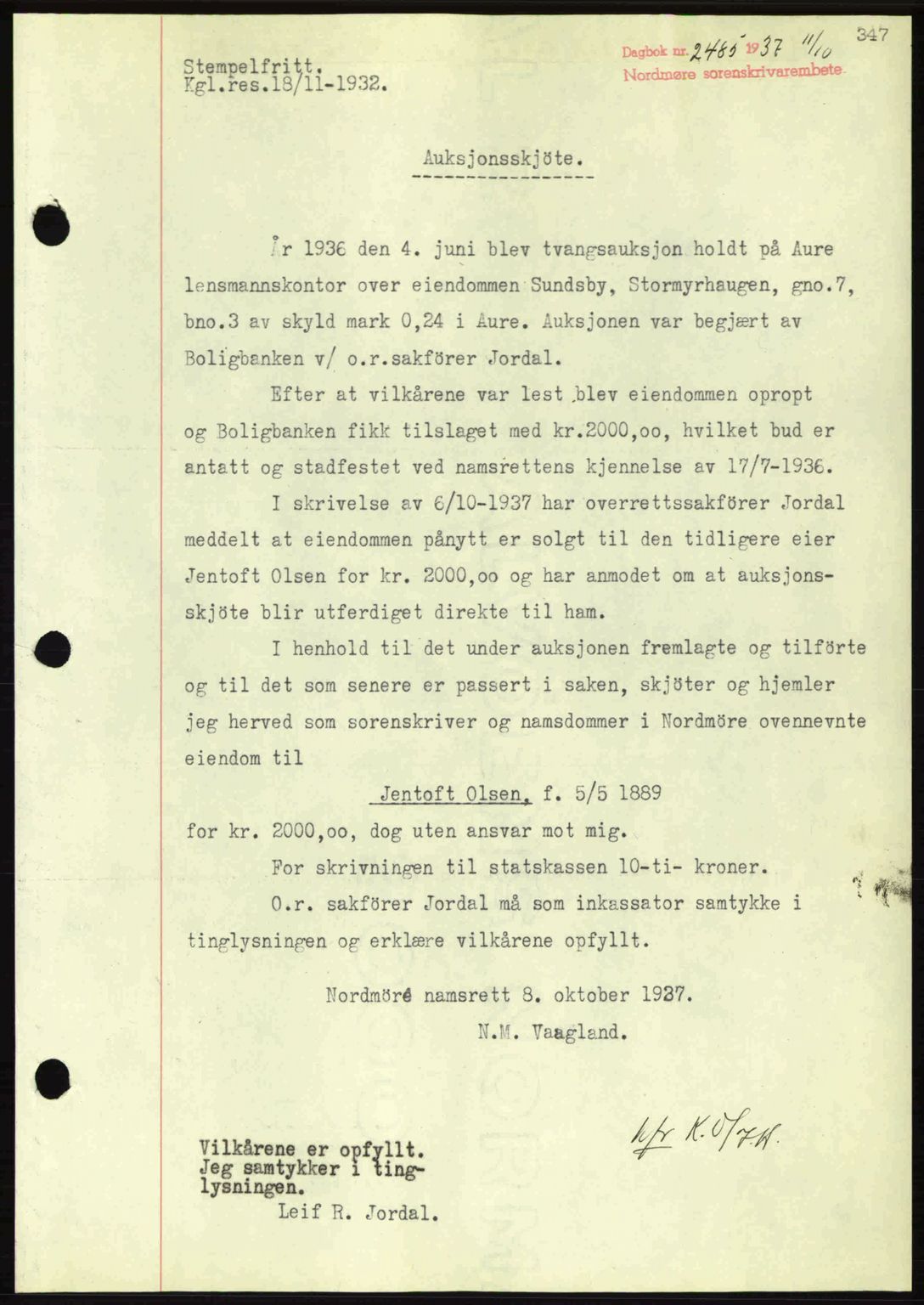 Nordmøre sorenskriveri, SAT/A-4132/1/2/2Ca: Pantebok nr. A82, 1937-1938, Dagboknr: 2485/1937