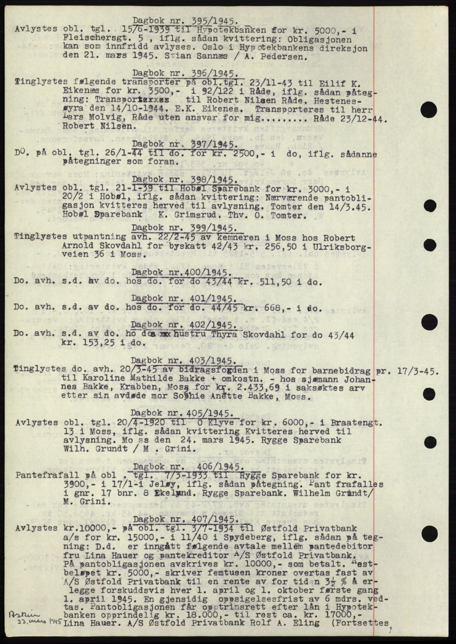 Moss sorenskriveri, SAO/A-10168: Pantebok nr. C10, 1938-1950, Dagboknr: 395/1945