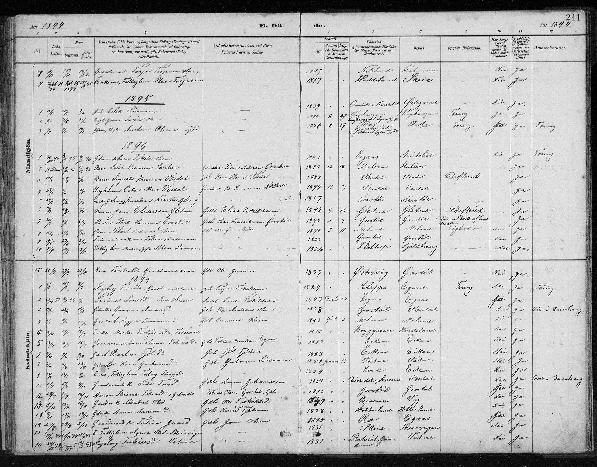 Hægebostad sokneprestkontor, AV/SAK-1111-0024/F/Fb/Fbb/L0003: Klokkerbok nr. B 3, 1887-1937, s. 241