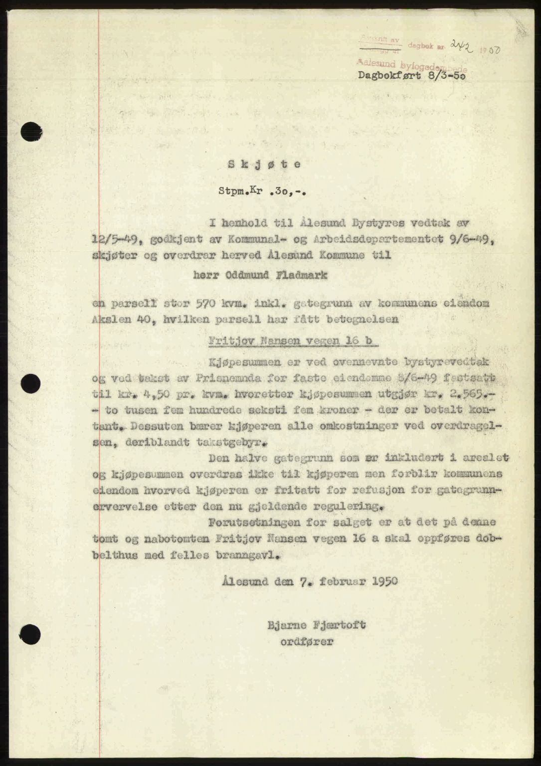 Ålesund byfogd, AV/SAT-A-4384: Pantebok nr. 37A (2), 1949-1950, Dagboknr: 242/1950
