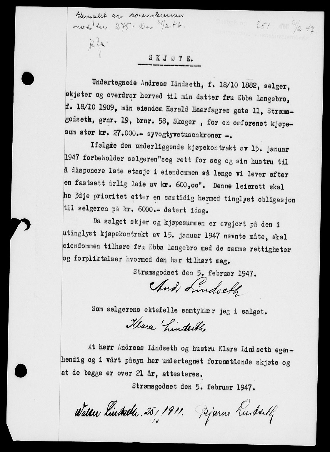 Holmestrand sorenskriveri, SAKO/A-67/G/Ga/Gaa/L0061: Pantebok nr. A-61, 1946-1947, Dagboknr: 351/1947