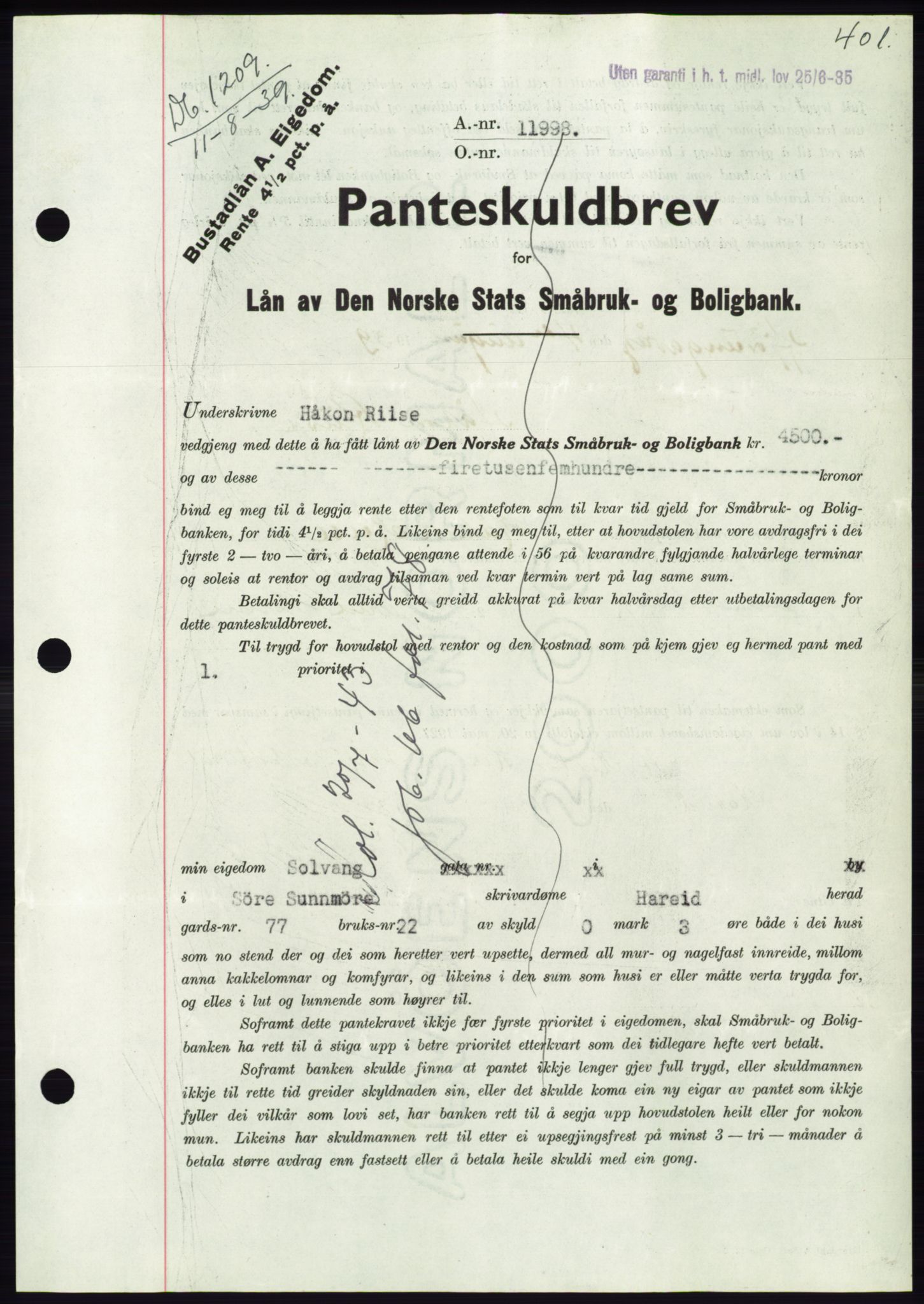 Søre Sunnmøre sorenskriveri, AV/SAT-A-4122/1/2/2C/L0068: Pantebok nr. 62, 1939-1939, Dagboknr: 1209/1939