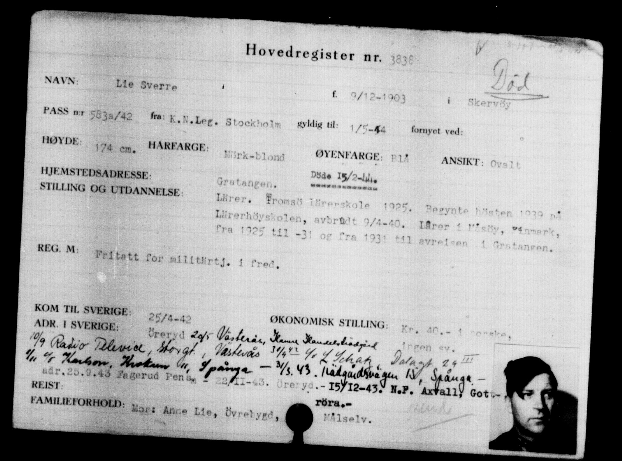 Utenriksstasjonene, Legasjonen i Stockholm, Flyktningkontoret, AV/RA-S-6753/V/Va/L0004: Kjesäterkartoteket, flyktninger med registreringsnr. 3496-6610, 1940-1945, s. 396
