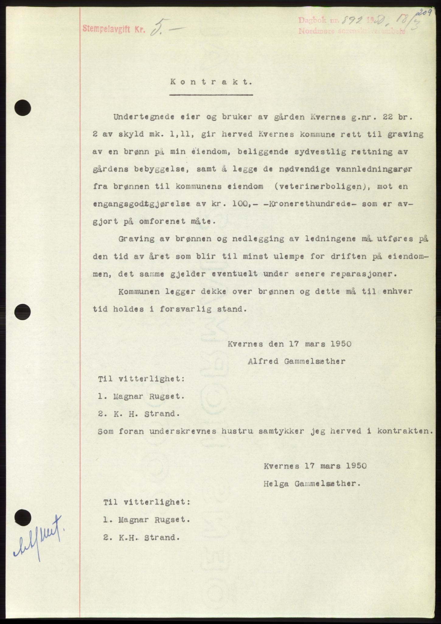 Nordmøre sorenskriveri, SAT/A-4132/1/2/2Ca: Pantebok nr. B104, 1950-1950, Dagboknr: 892/1950