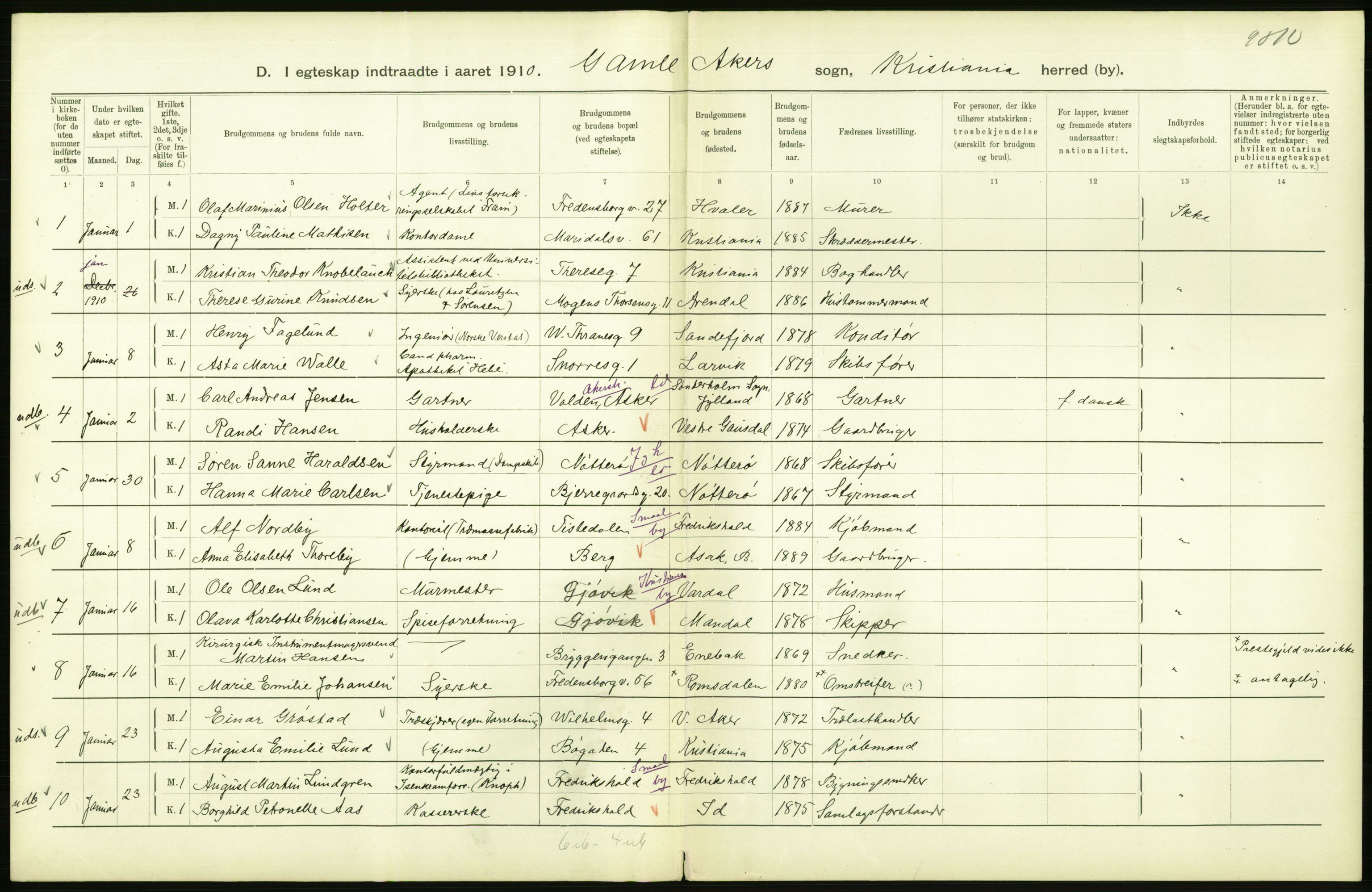 Statistisk sentralbyrå, Sosiodemografiske emner, Befolkning, AV/RA-S-2228/D/Df/Dfa/Dfah/L0009: Kristiania: Gifte og dødfødte., 1910, s. 424