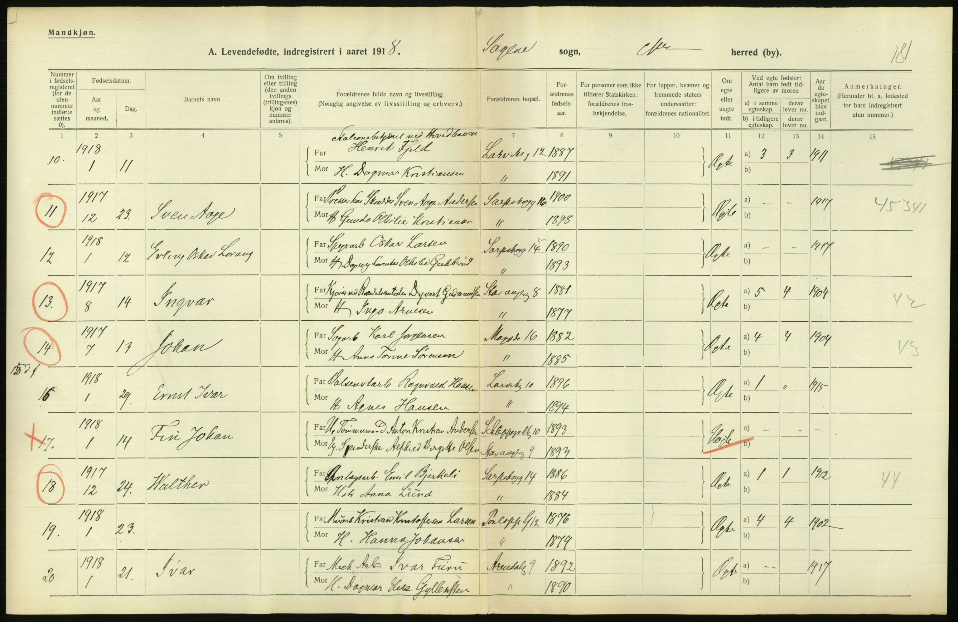 Statistisk sentralbyrå, Sosiodemografiske emner, Befolkning, AV/RA-S-2228/D/Df/Dfb/Dfbh/L0008: Kristiania: Levendefødte menn og kvinner., 1918, s. 804