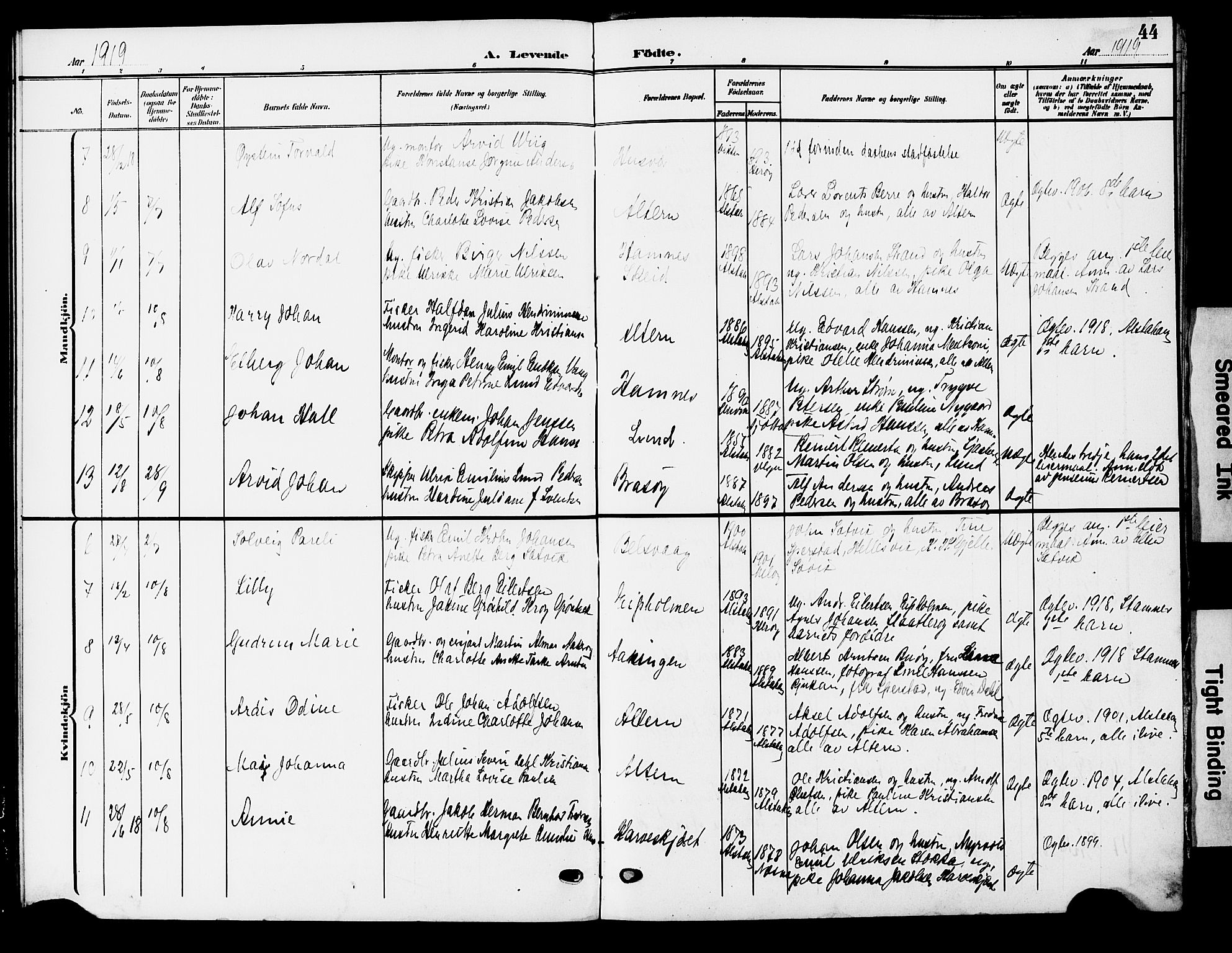 Ministerialprotokoller, klokkerbøker og fødselsregistre - Nordland, SAT/A-1459/830/L0464: Klokkerbok nr. 830C06, 1906-1925, s. 44