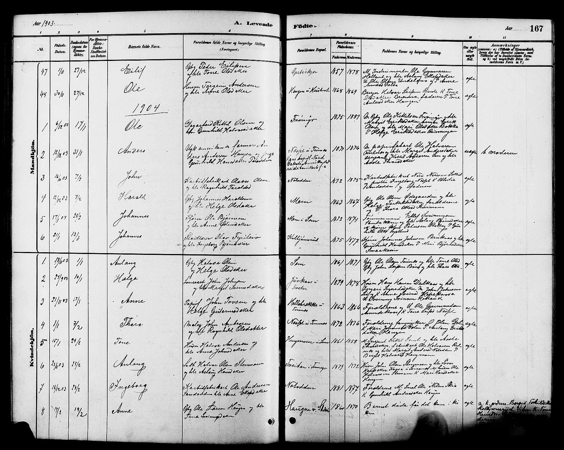 Heddal kirkebøker, AV/SAKO-A-268/G/Ga/L0002: Klokkerbok nr. I 2, 1879-1908, s. 167
